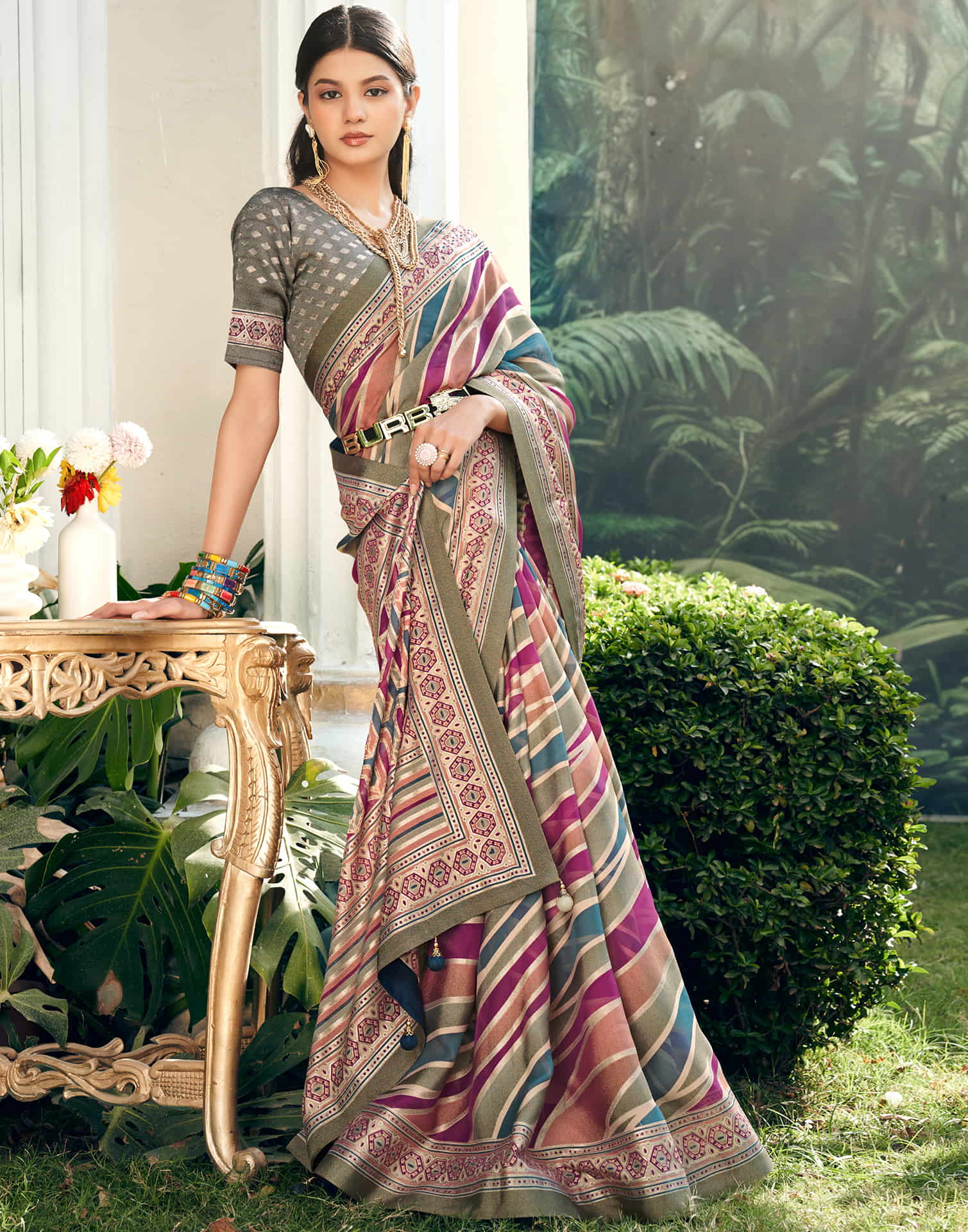 Army Green Georgette Laheriya Printed Saree
