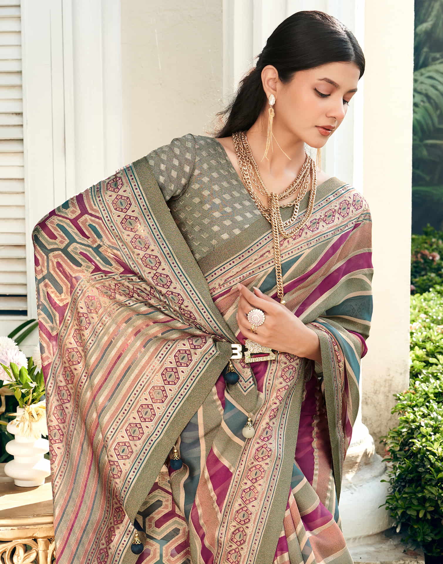Army Green Georgette Laheriya Printed Saree