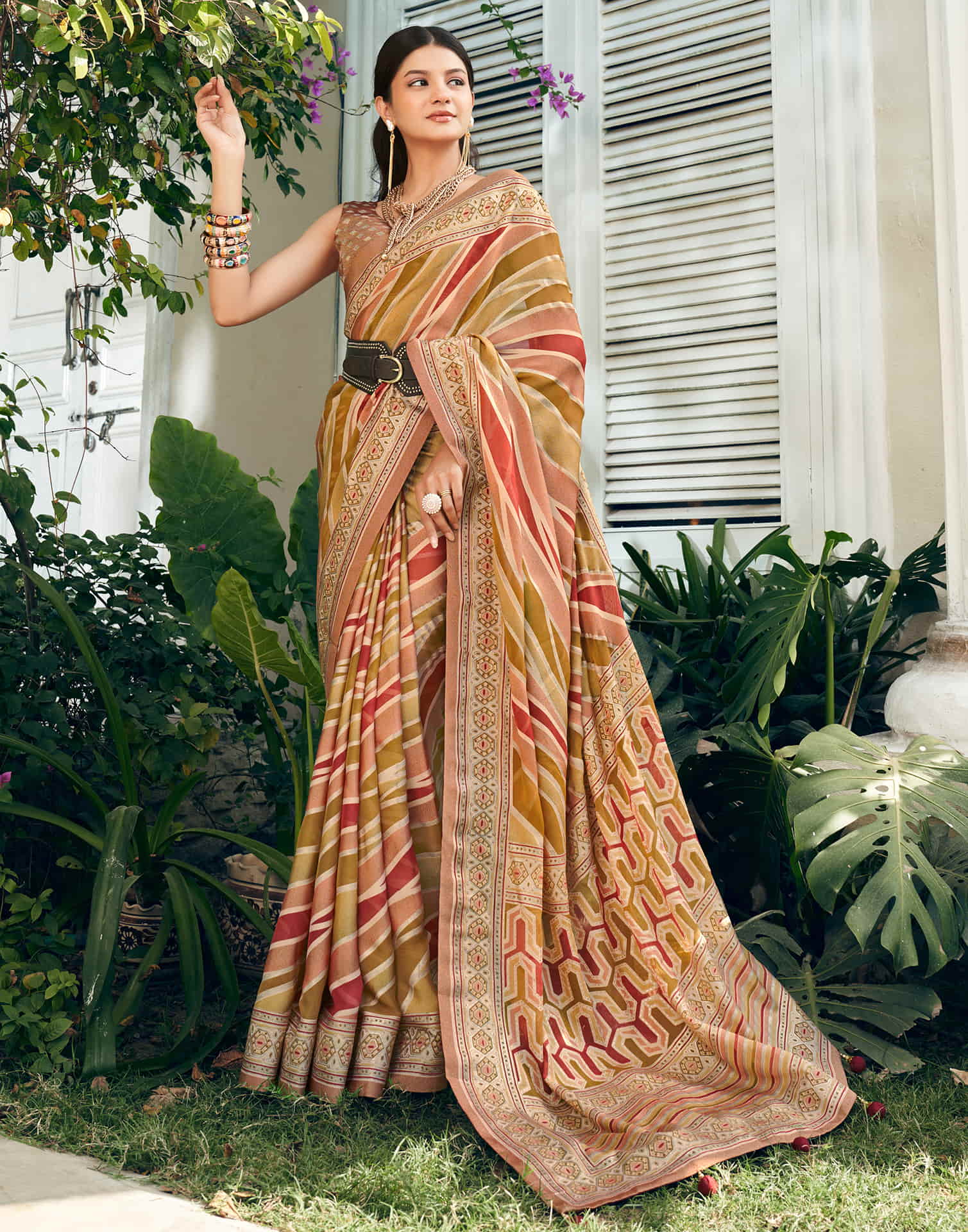 Brown Georgette Laheriya Printed Saree