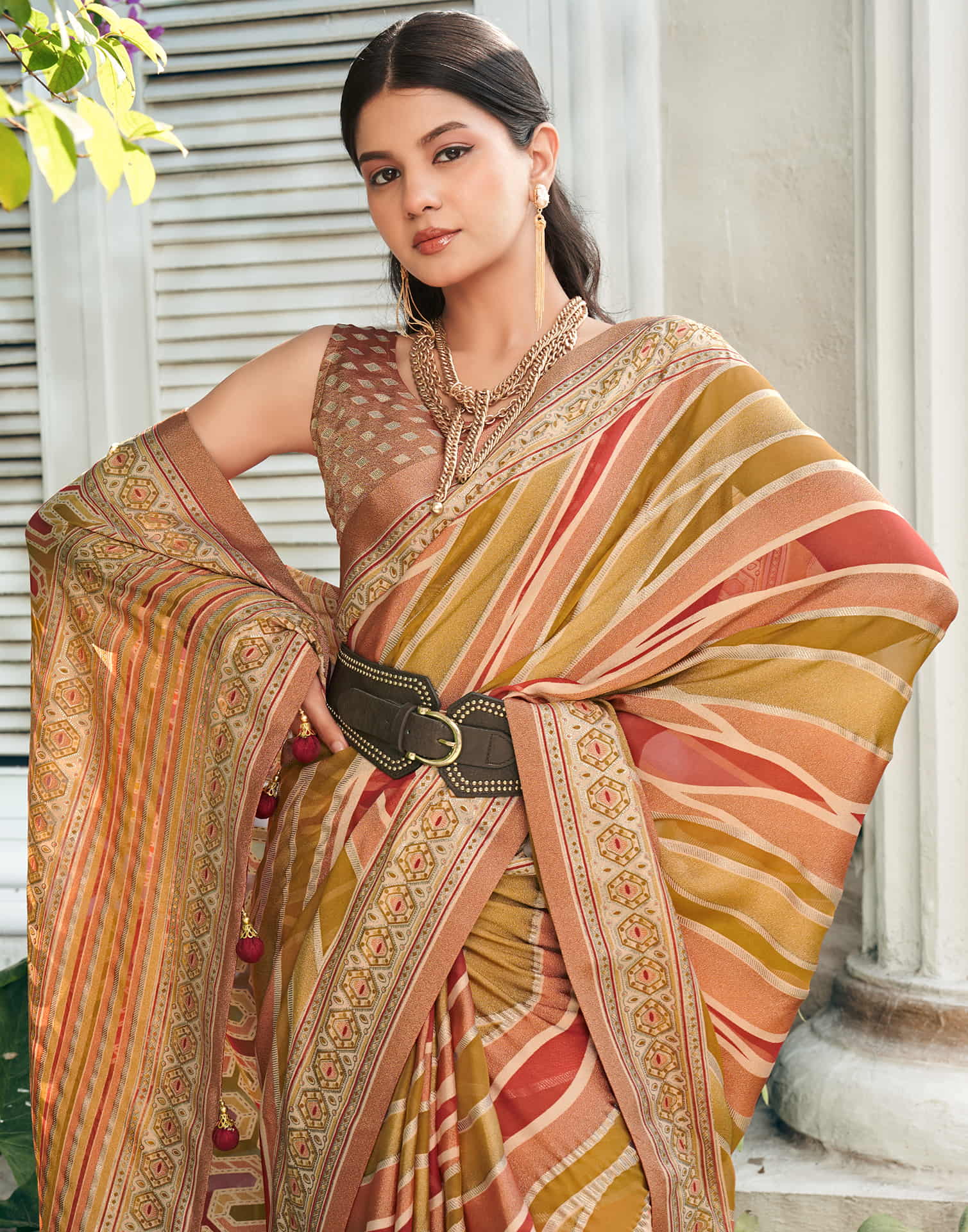 Brown Georgette Laheriya Printed Saree