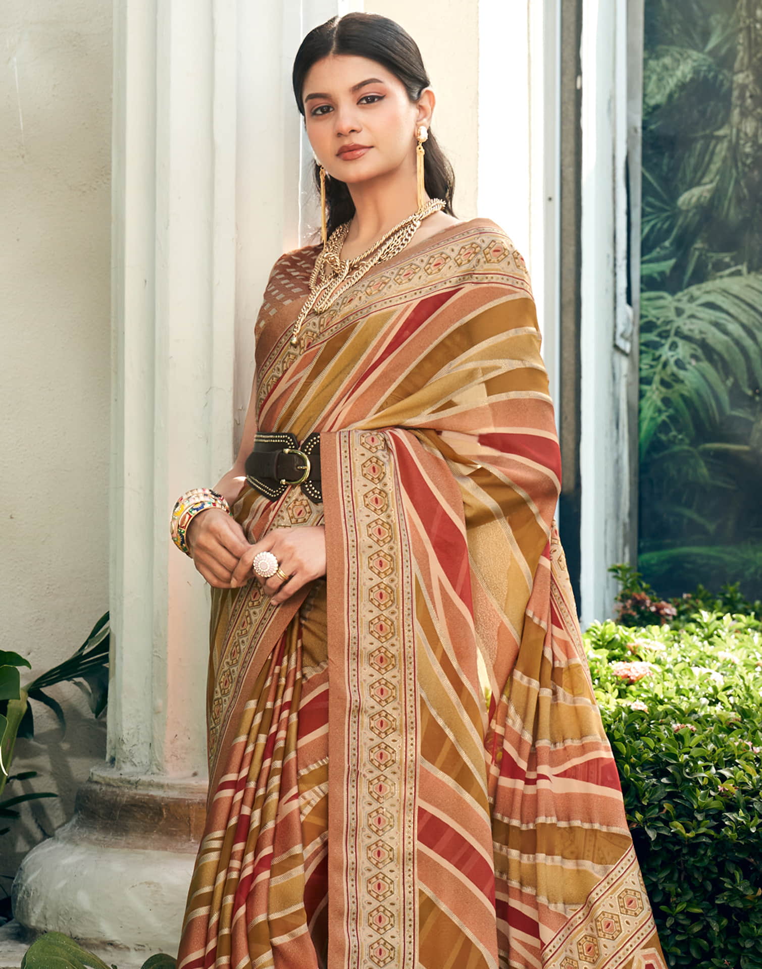 Brown Georgette Laheriya Printed Saree