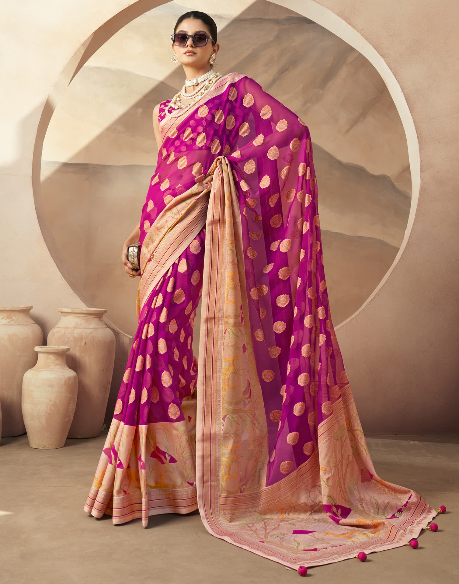 Dark Pink Georgette Weaving Saree