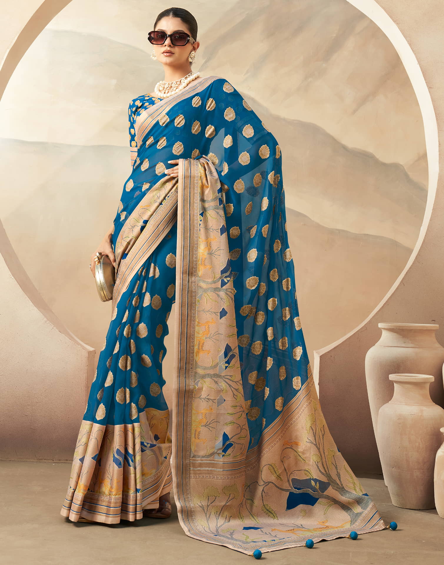 Rama Blue Georgette Weaving Saree
