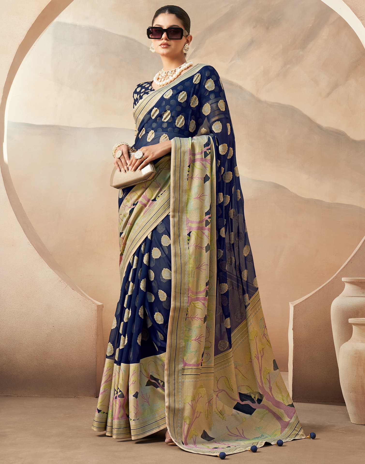 Navy Blue Georgette Weaving Saree