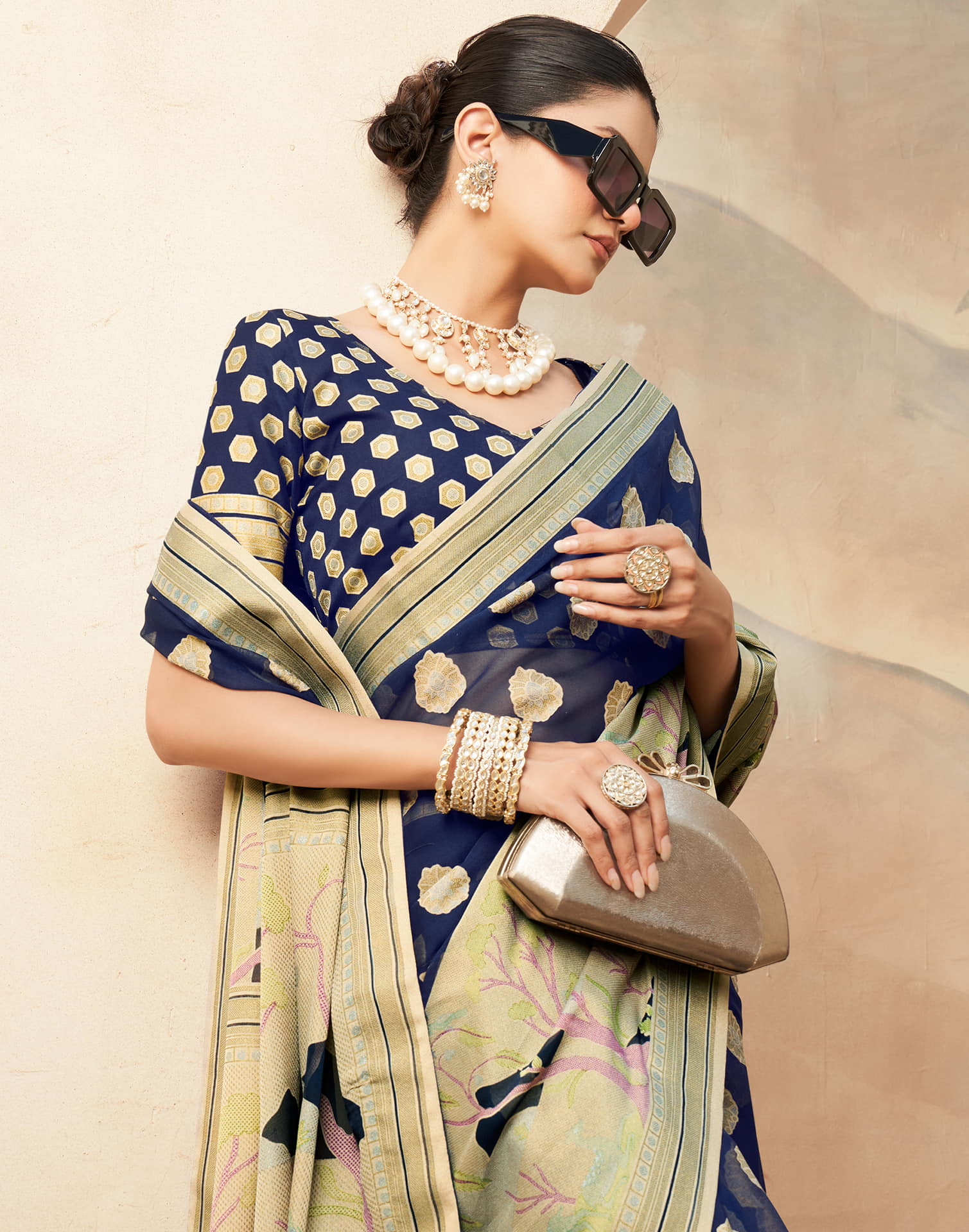 Navy Blue Georgette Weaving Saree