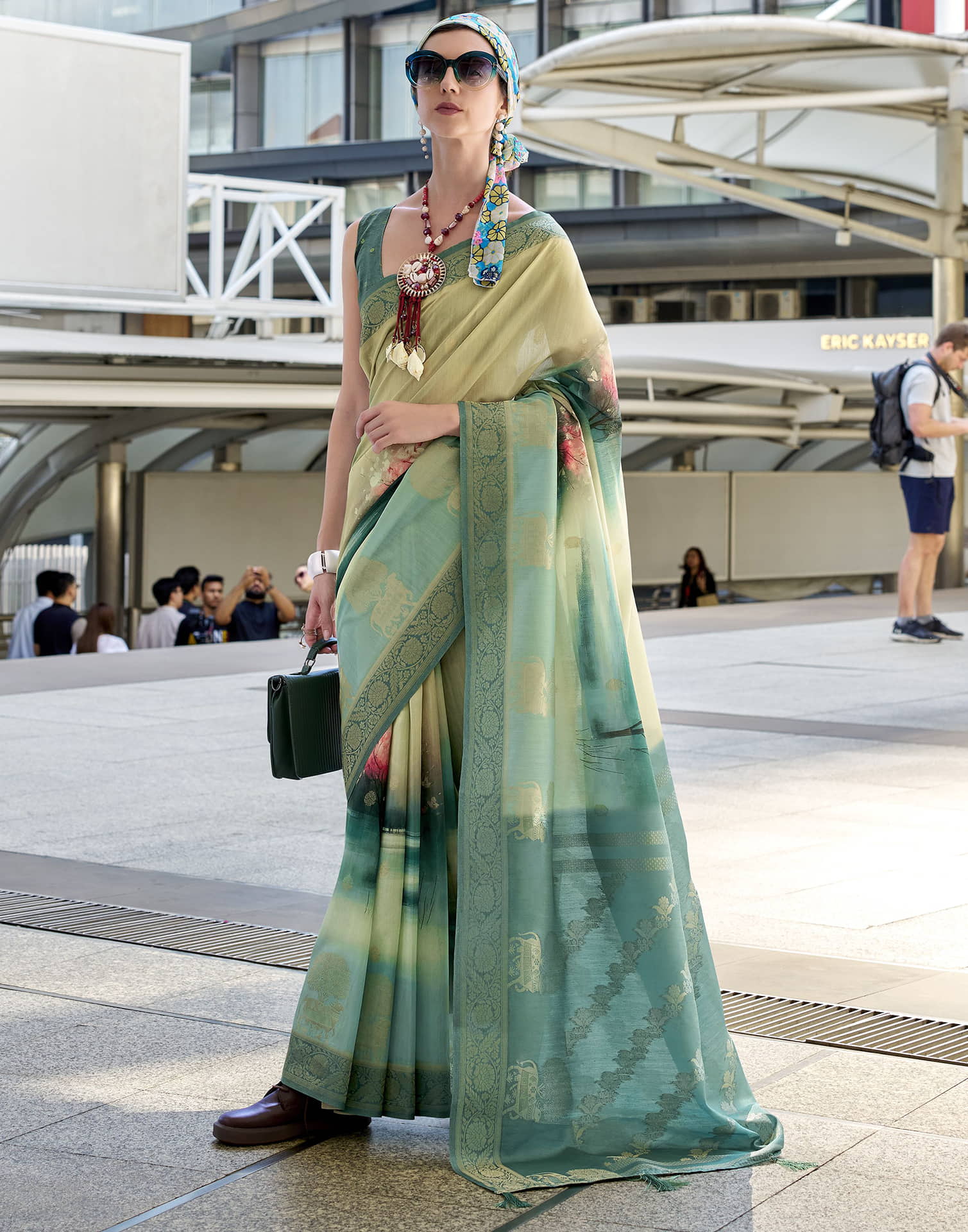 Teal Blue Silk Printed Weaving Saree