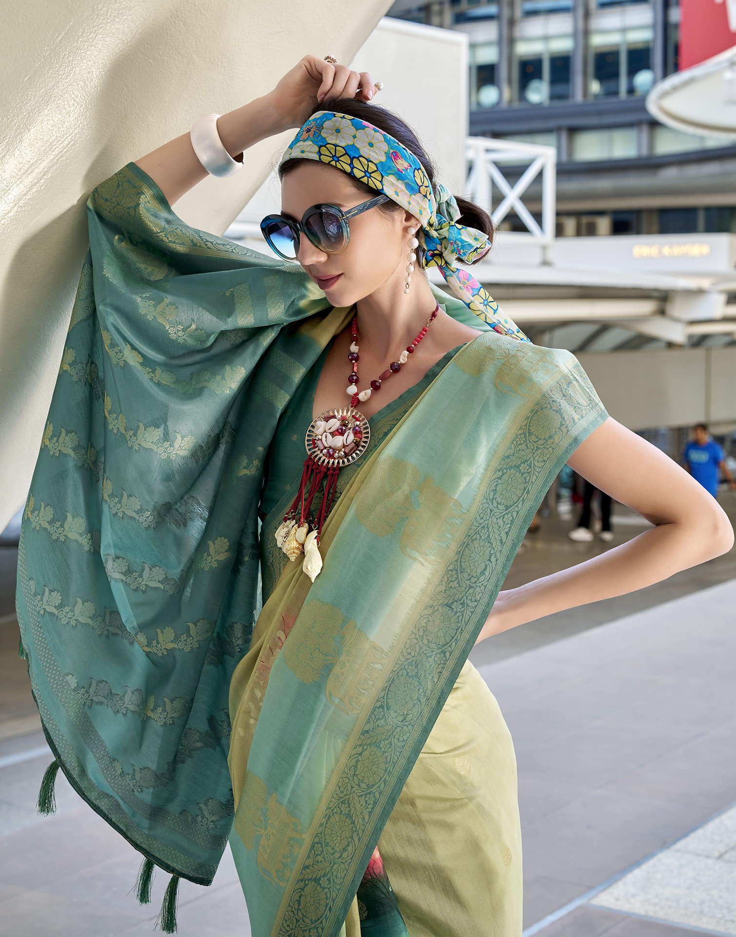 Teal Blue Silk Printed Weaving Saree