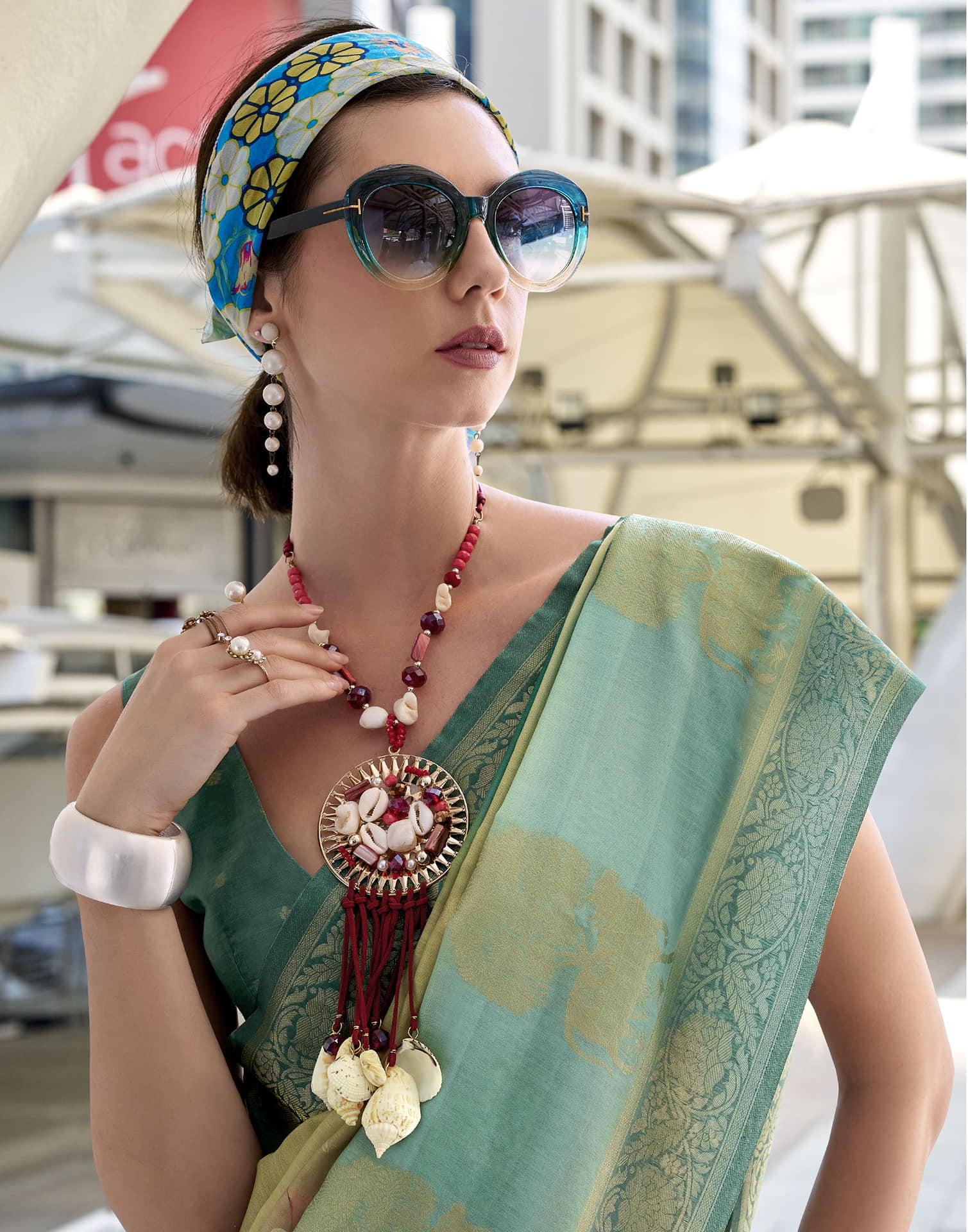 Teal Blue Silk Printed Weaving Saree