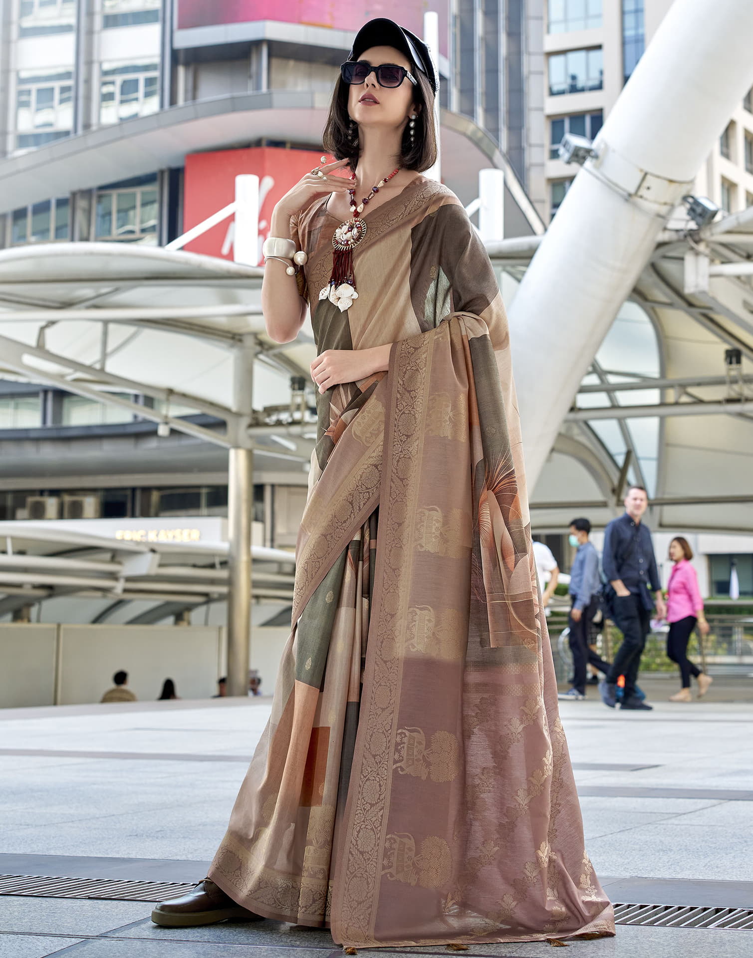 Beige Silk Printed Weaving Saree
