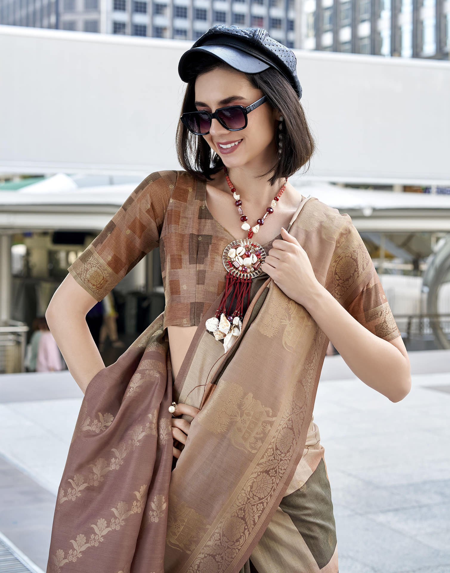 Beige Silk Printed Weaving Saree