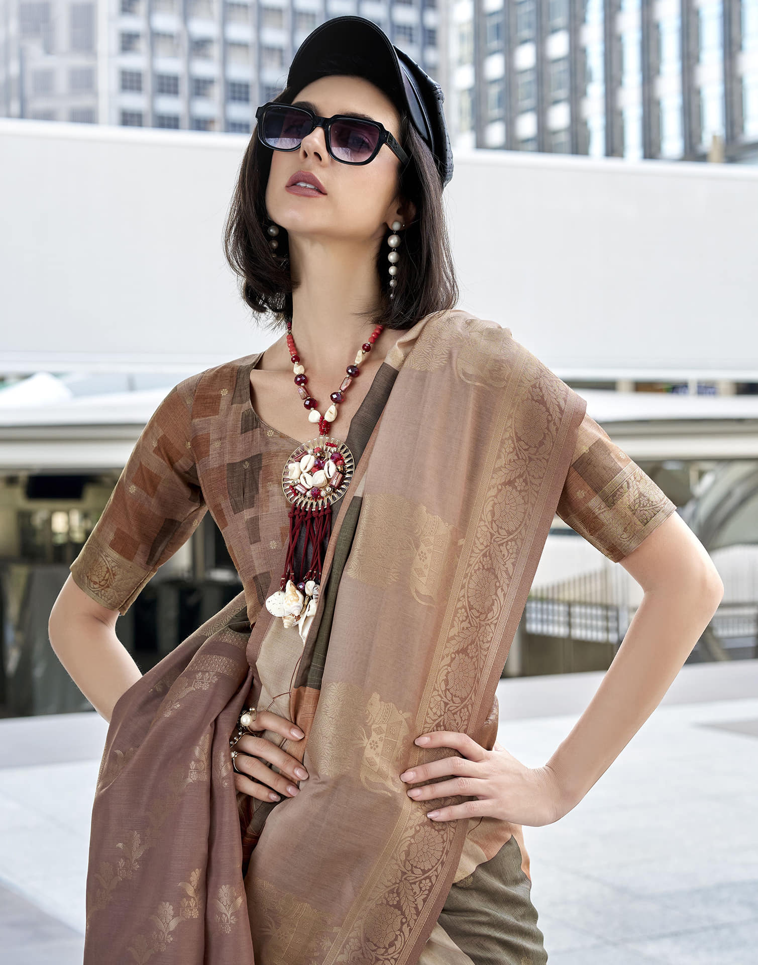 Beige Silk Printed Weaving Saree