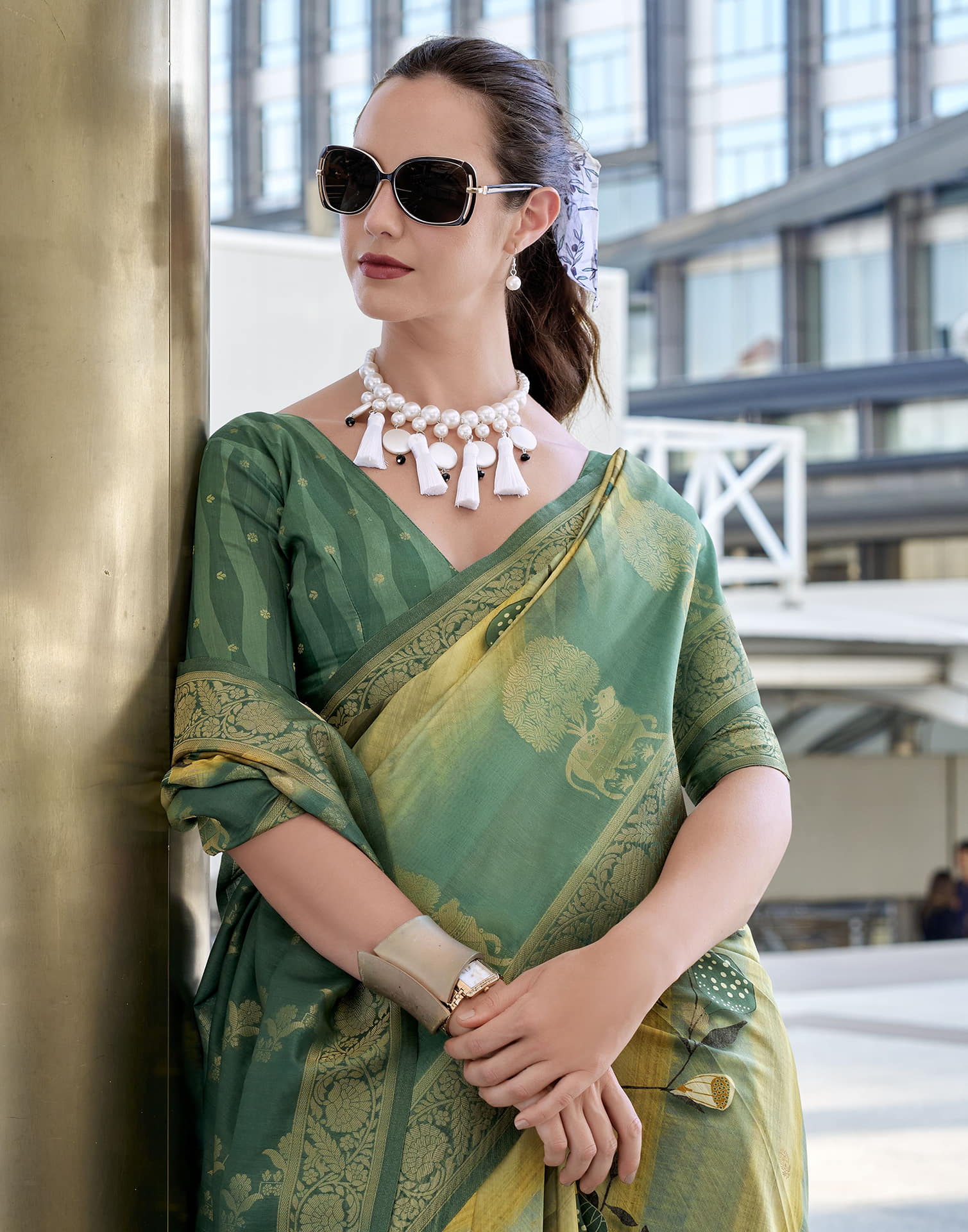 Teal Green Silk Printed Weaving Saree