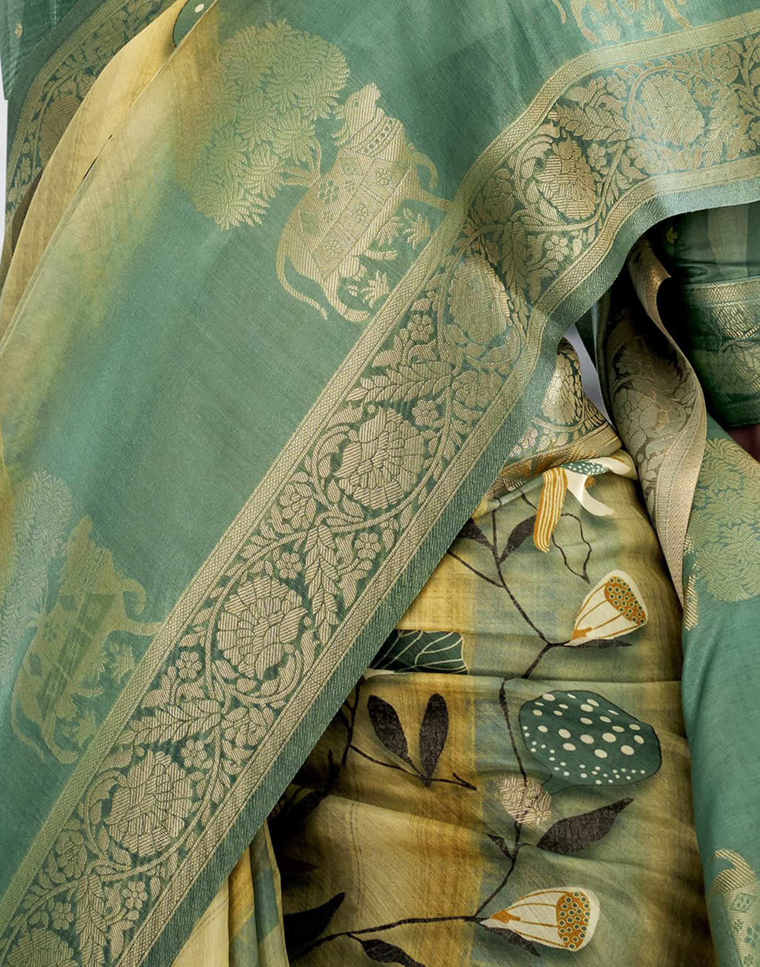 Teal Green Silk Printed Weaving Saree