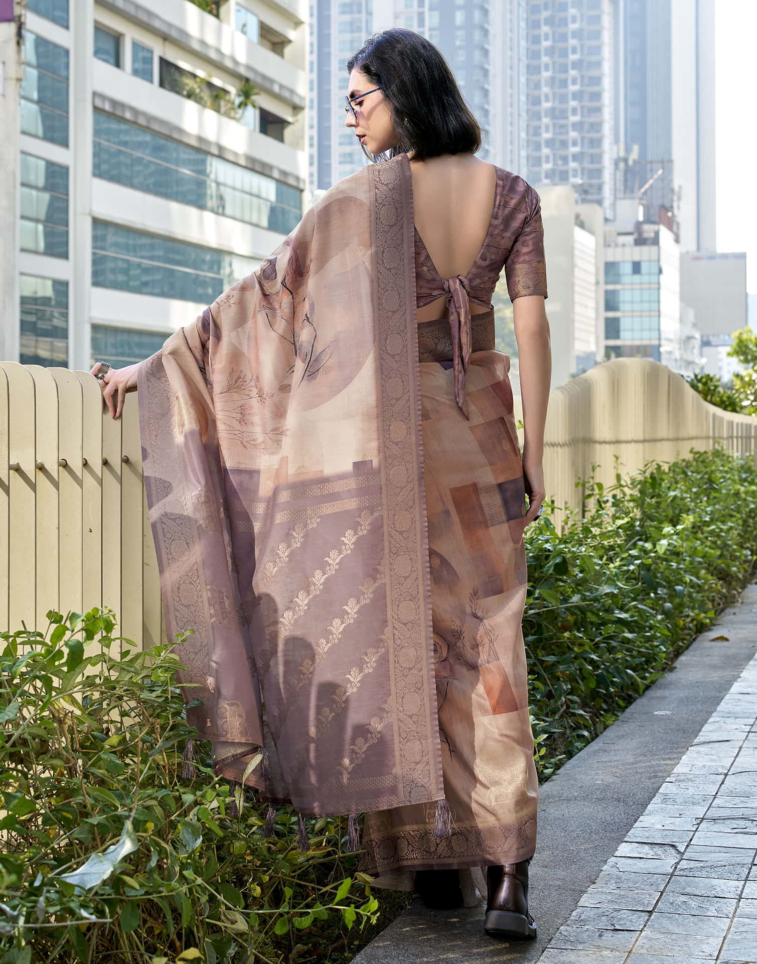 Dusty Wine Silk Printed Weaving Saree