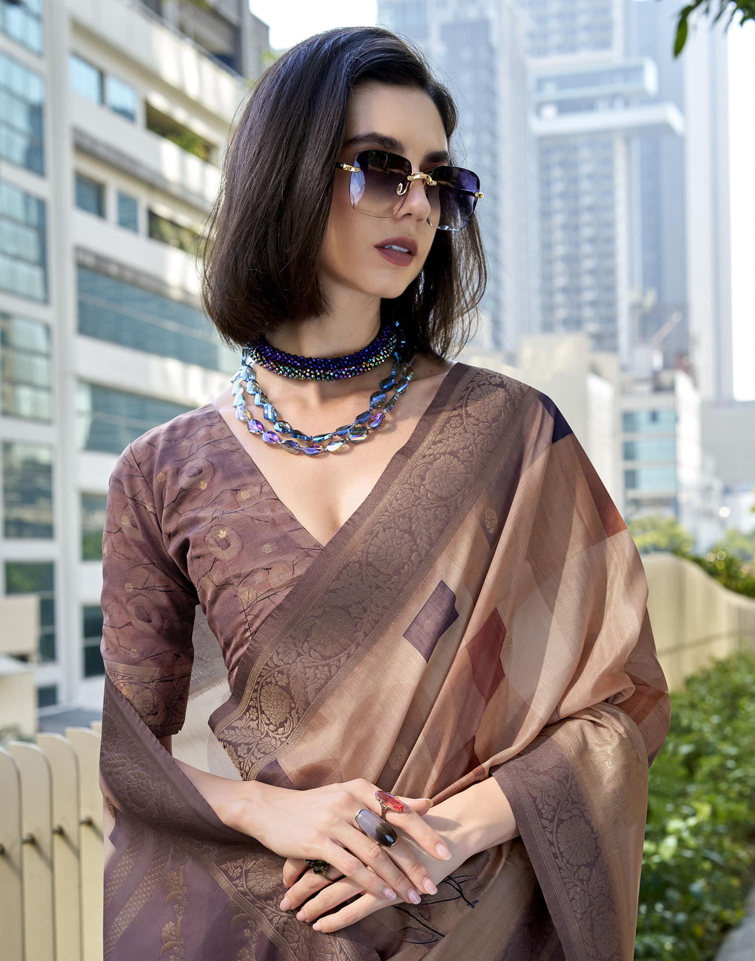 Dusty Wine Silk Printed Weaving Saree