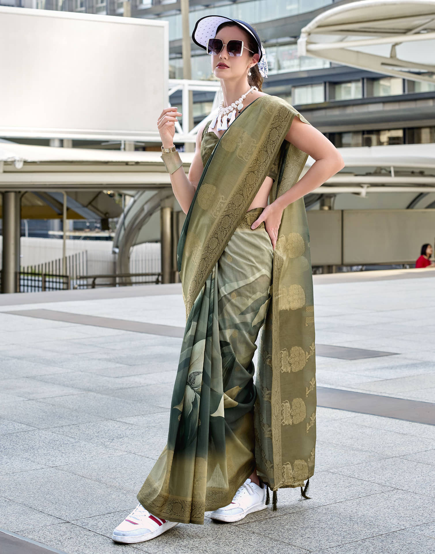 Olive Green Silk Printed Weaving Saree