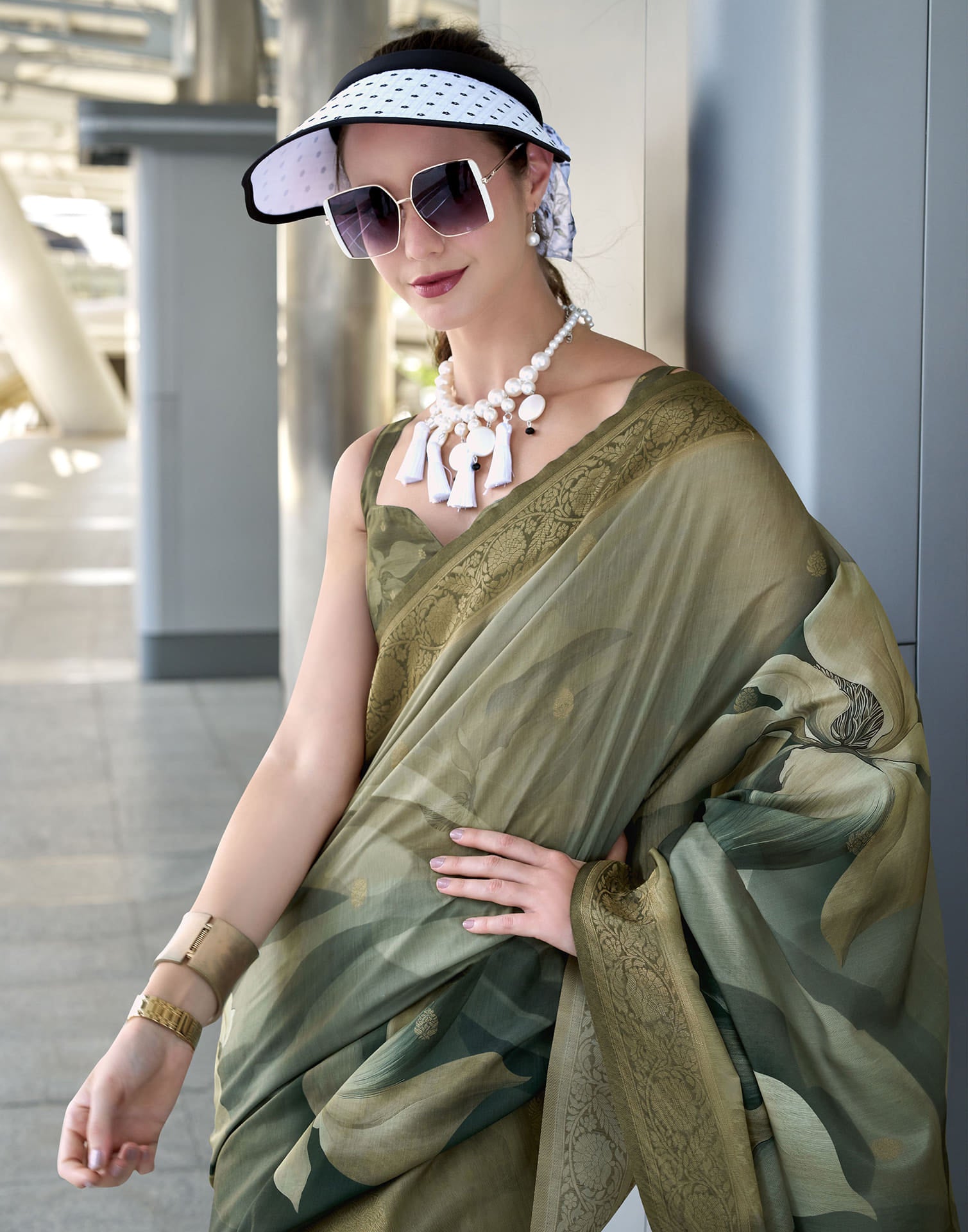 Olive Green Silk Printed Weaving Saree