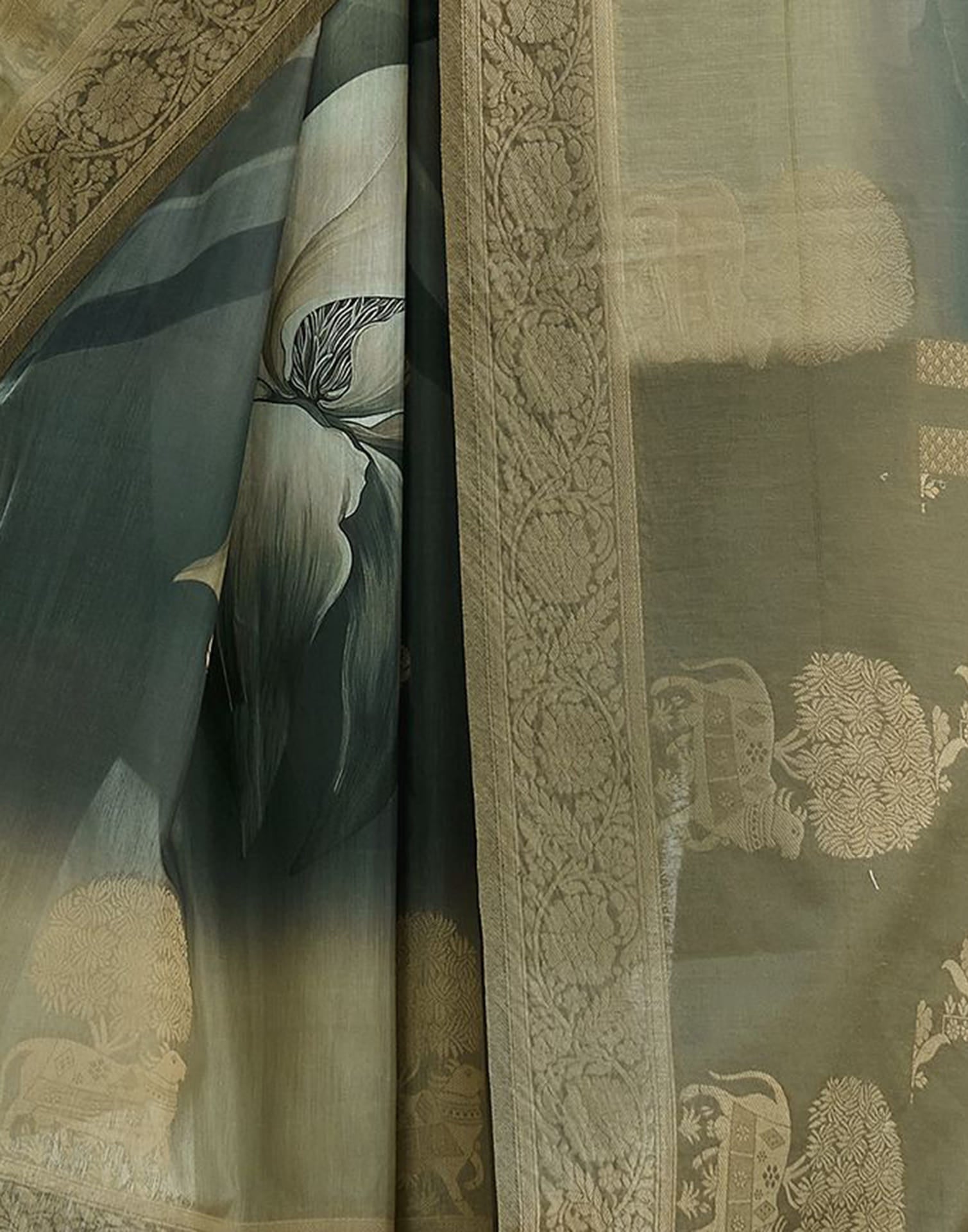Olive Green Silk Printed Weaving Saree