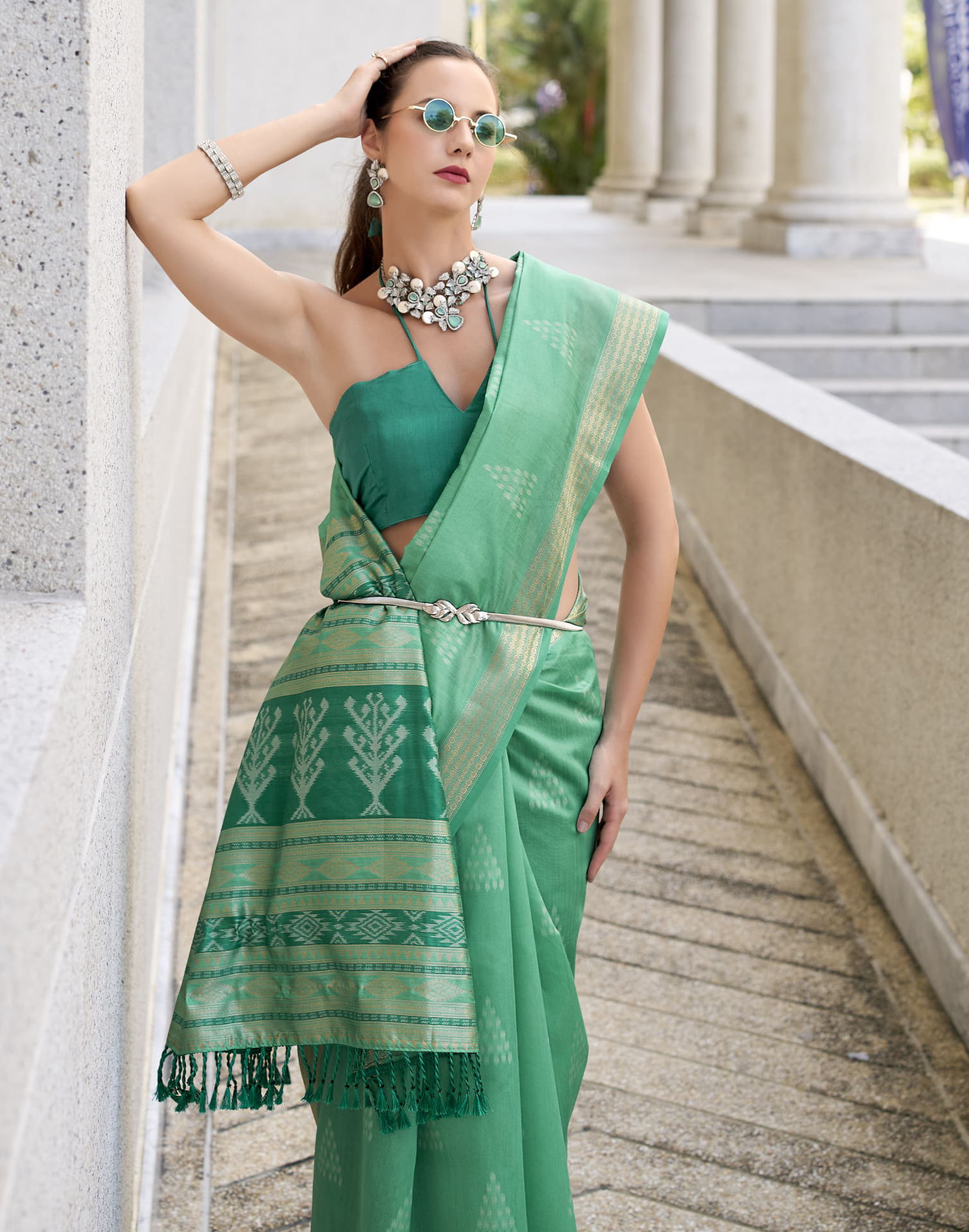Sea Green Silk Ikkat Woven Saree