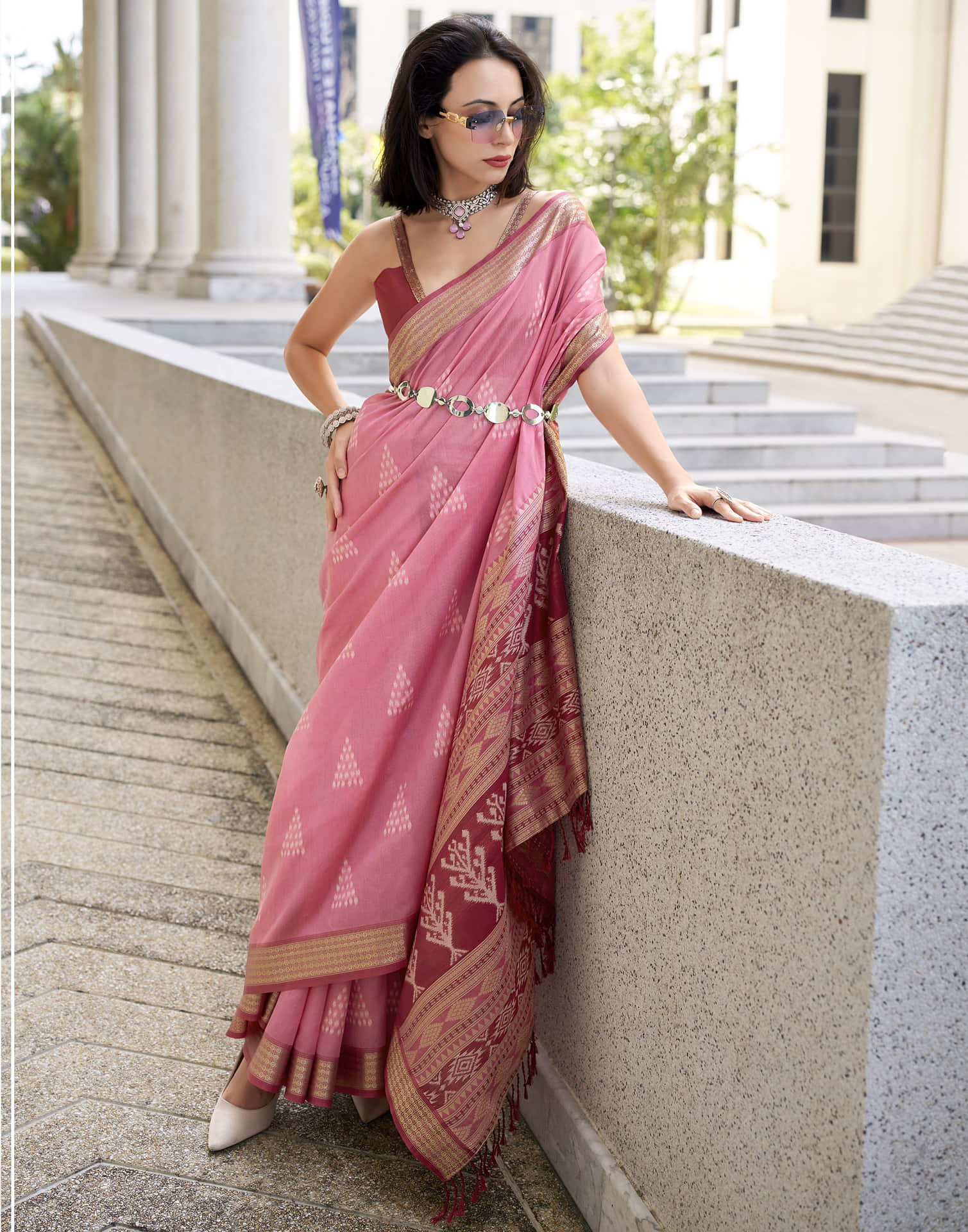 Pink Silk Ikkat Woven Saree