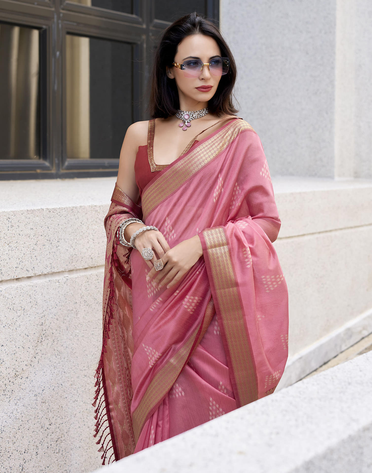 Pink Silk Ikkat Woven Saree