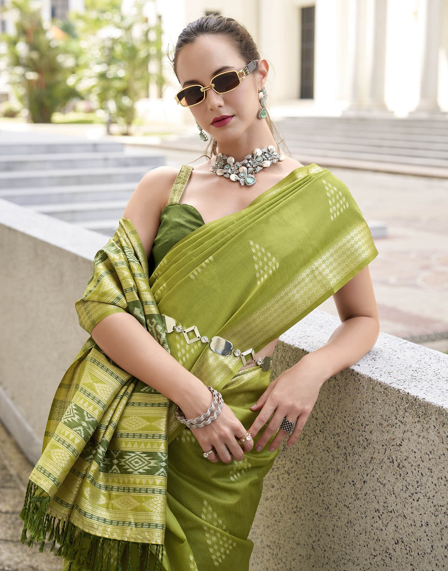 Parrot Green Silk Ikkat Woven Saree