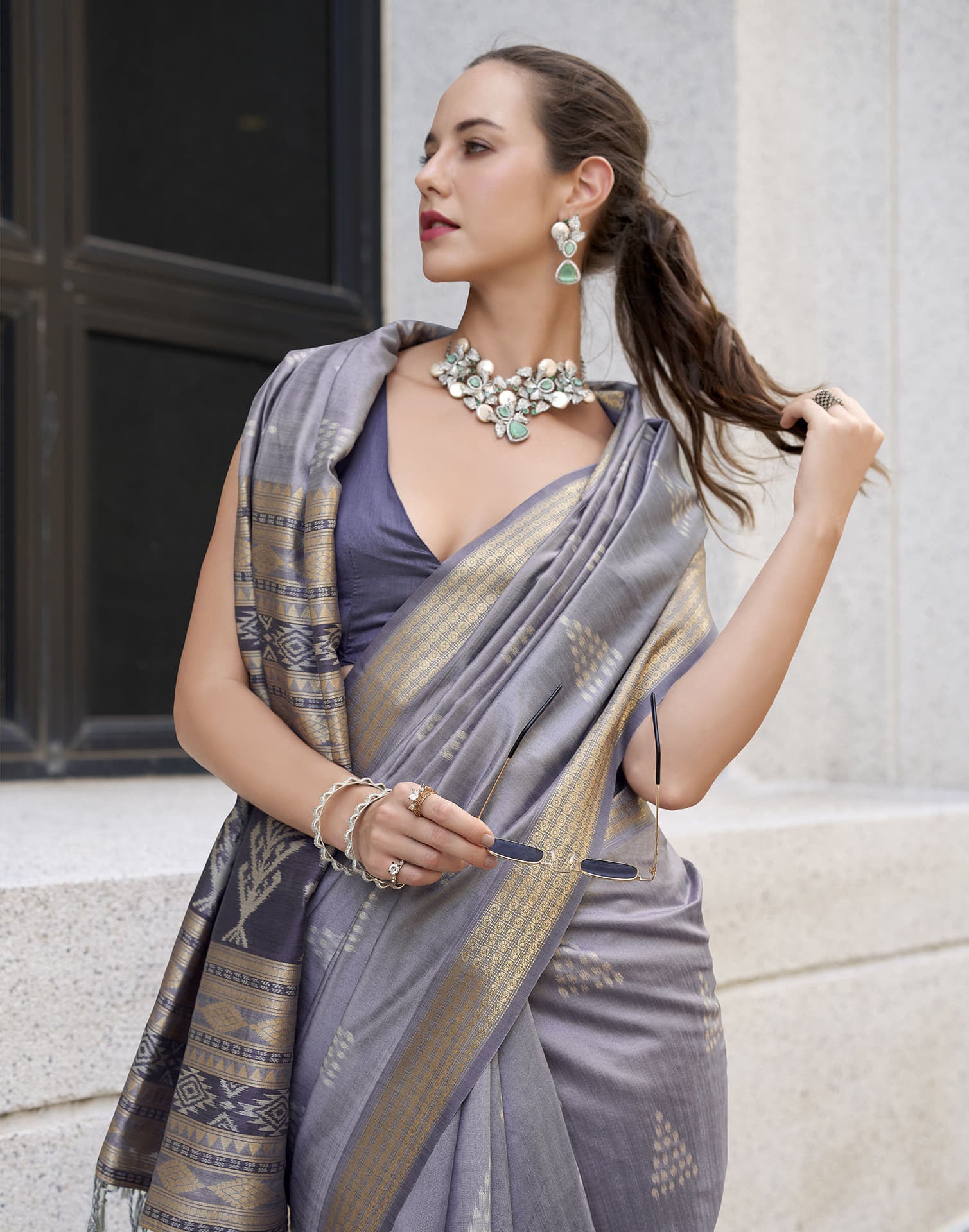 Grey Silk Ikkat Woven Saree