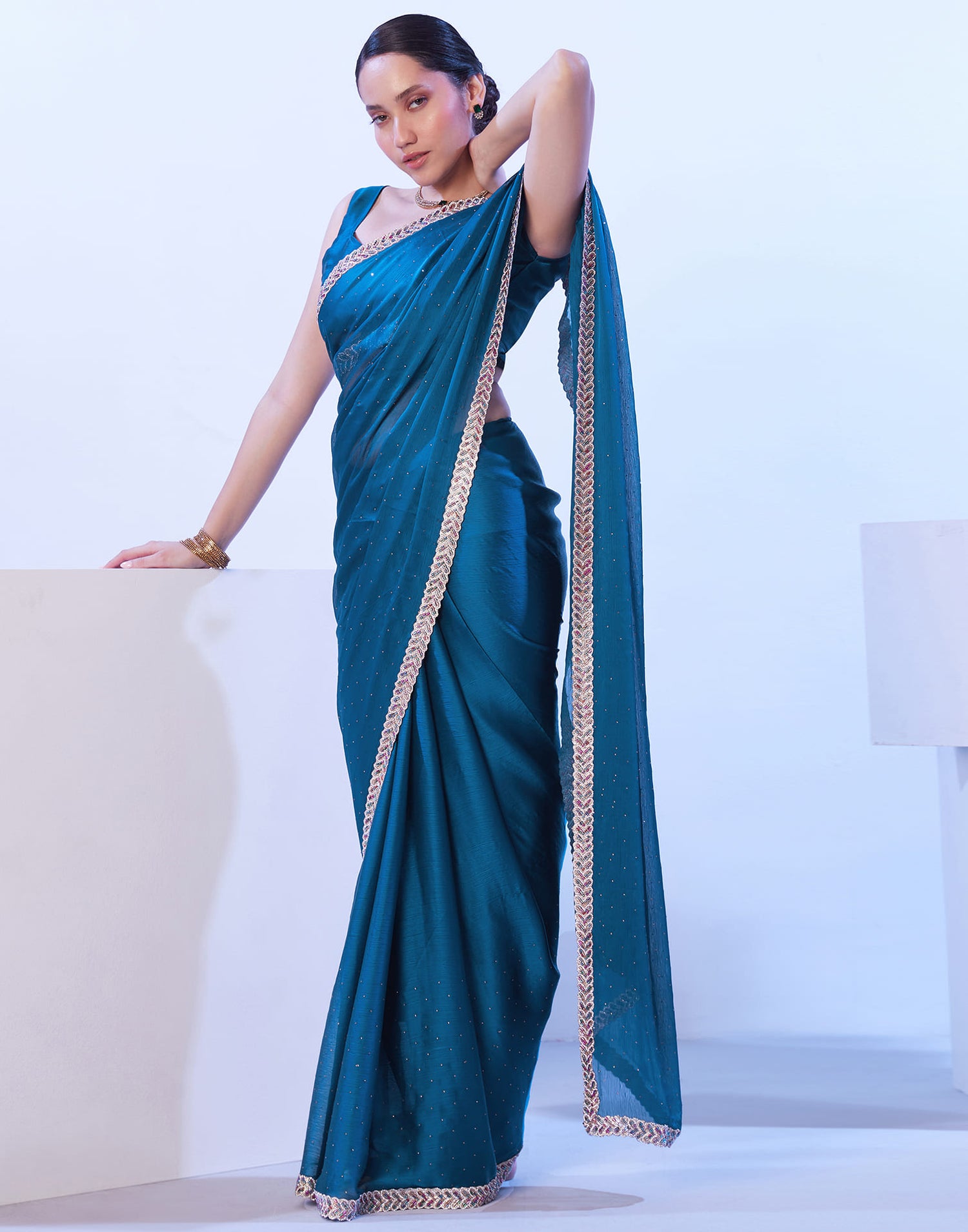 Rama Blue Chiffon Stone Work Embellished Saree