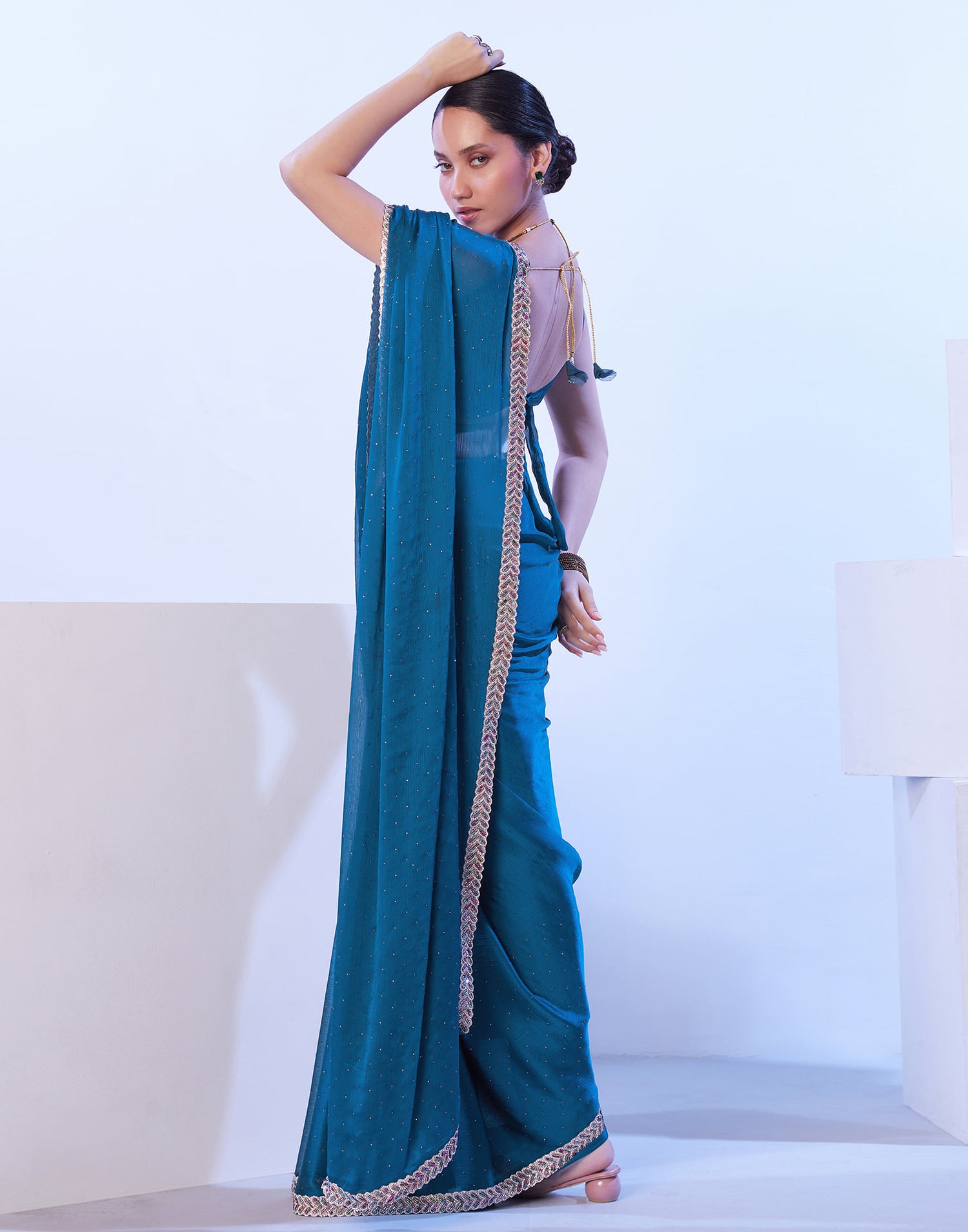 Rama Blue Chiffon Stone Work Embellished Saree