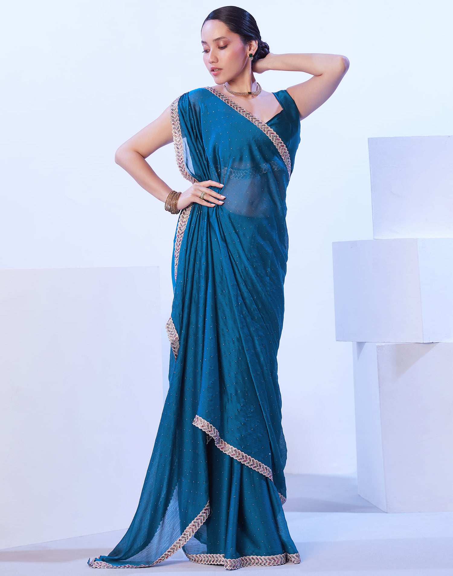 Rama Blue Chiffon Stone Work Embellished Saree
