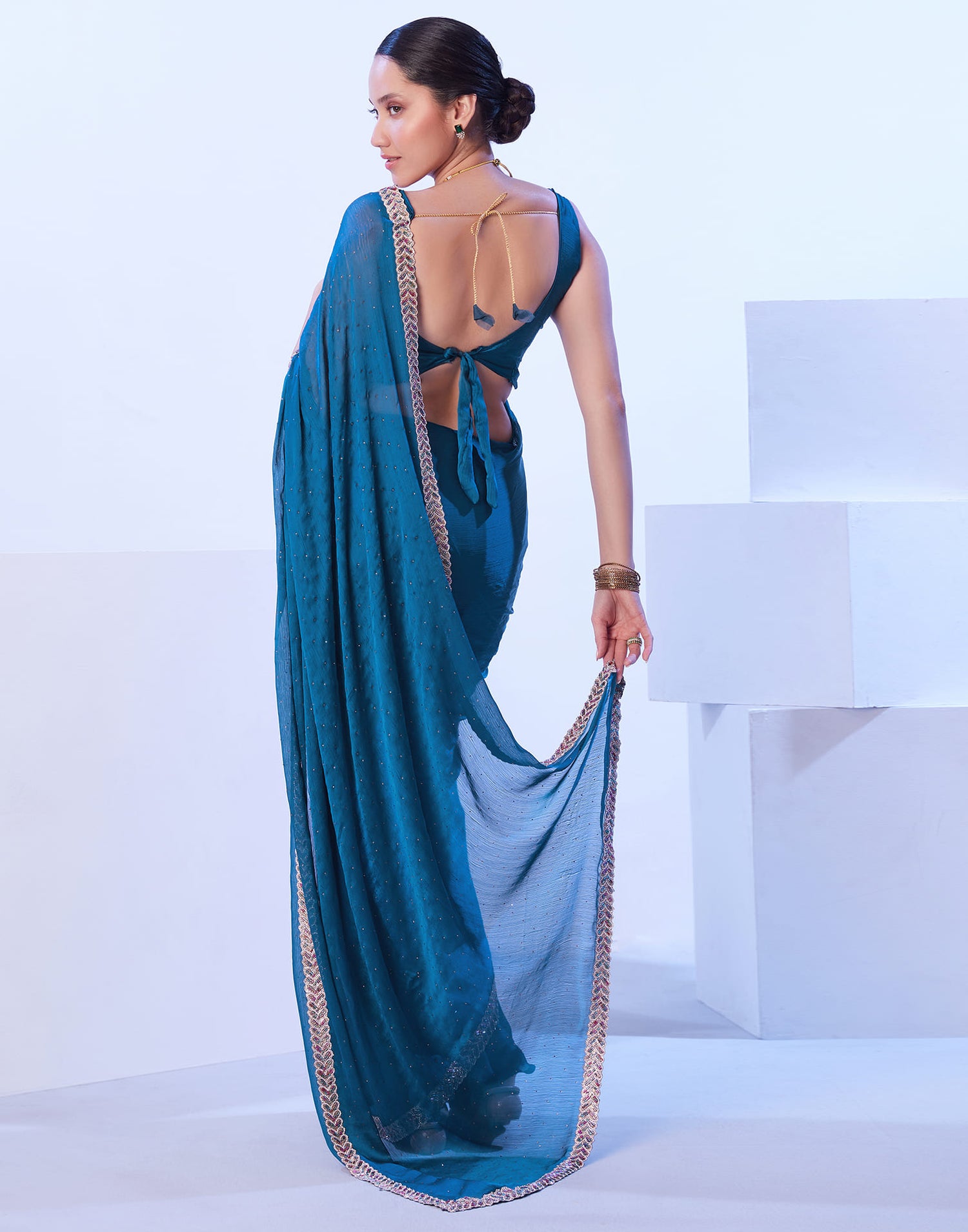 Rama Blue Chiffon Stone Work Embellished Saree