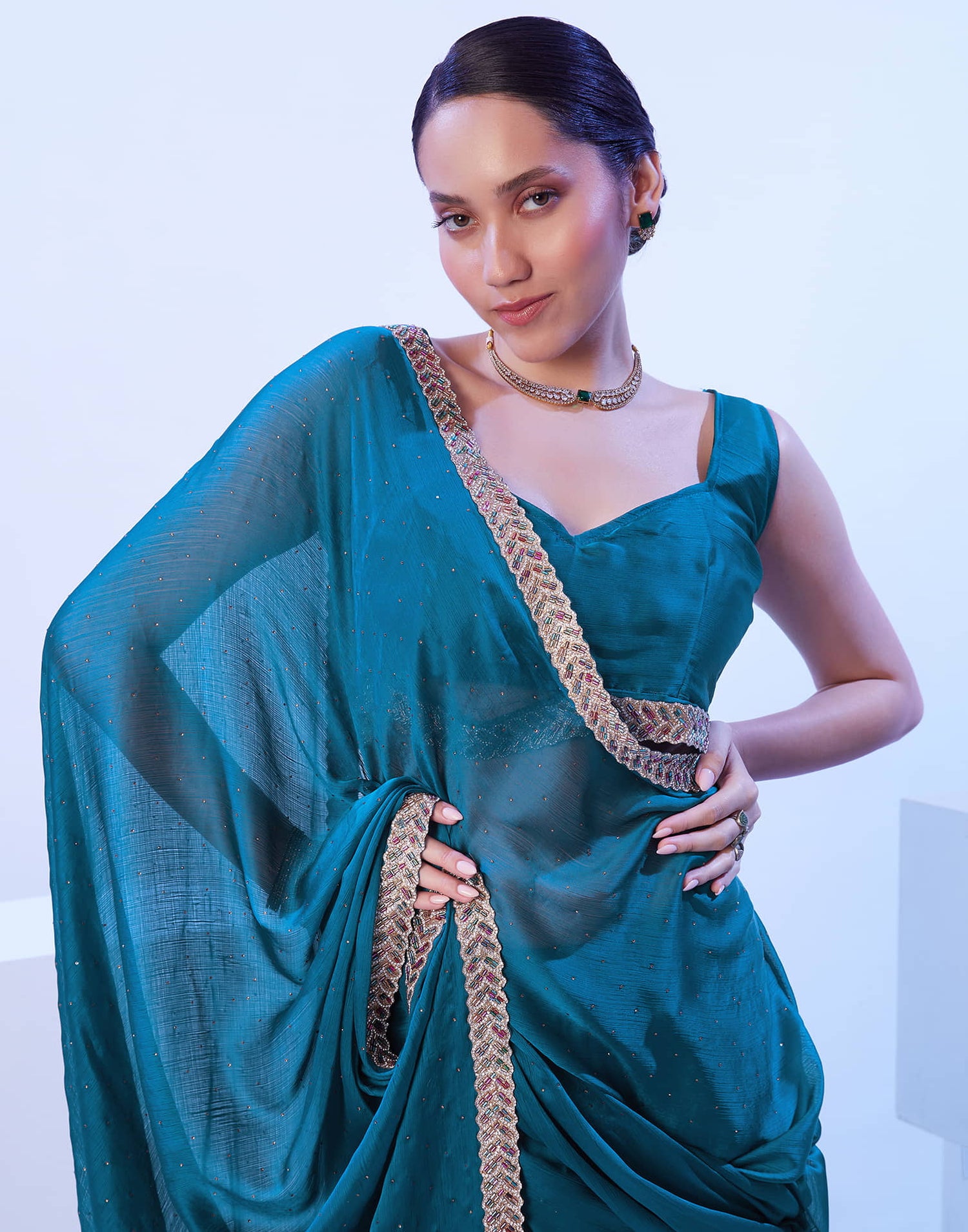 Rama Blue Chiffon Stone Work Embellished Saree