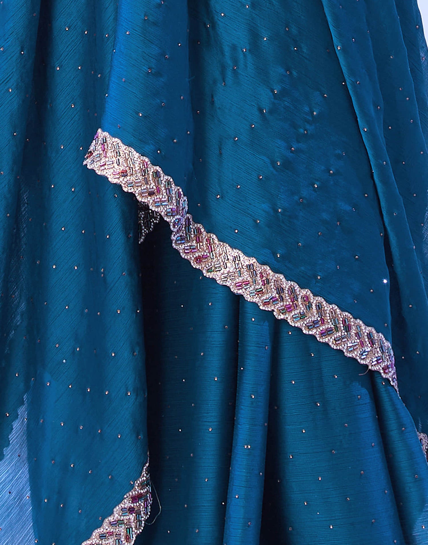 Rama Blue Chiffon Stone Work Embellished Saree