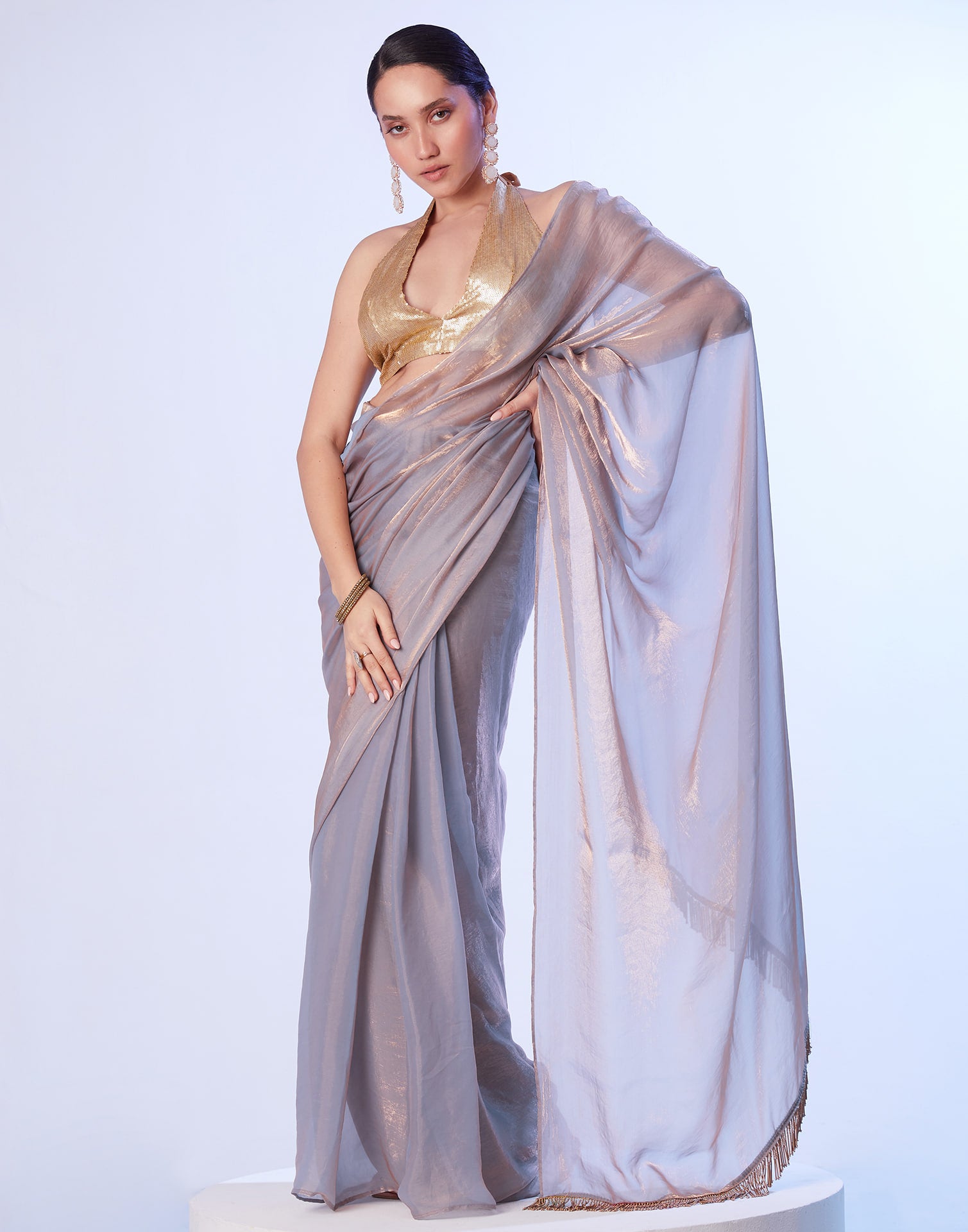 Grey Tissue Silk Dyed Solid Saree