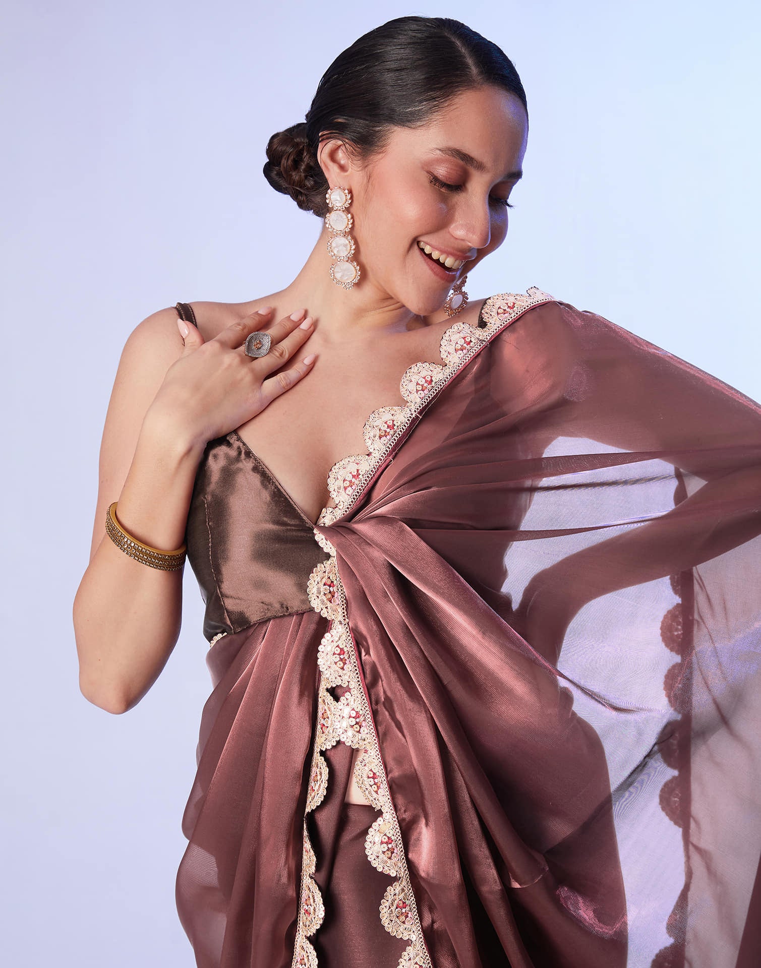 Dark Mauve Shimmer Lace Solid Saree
