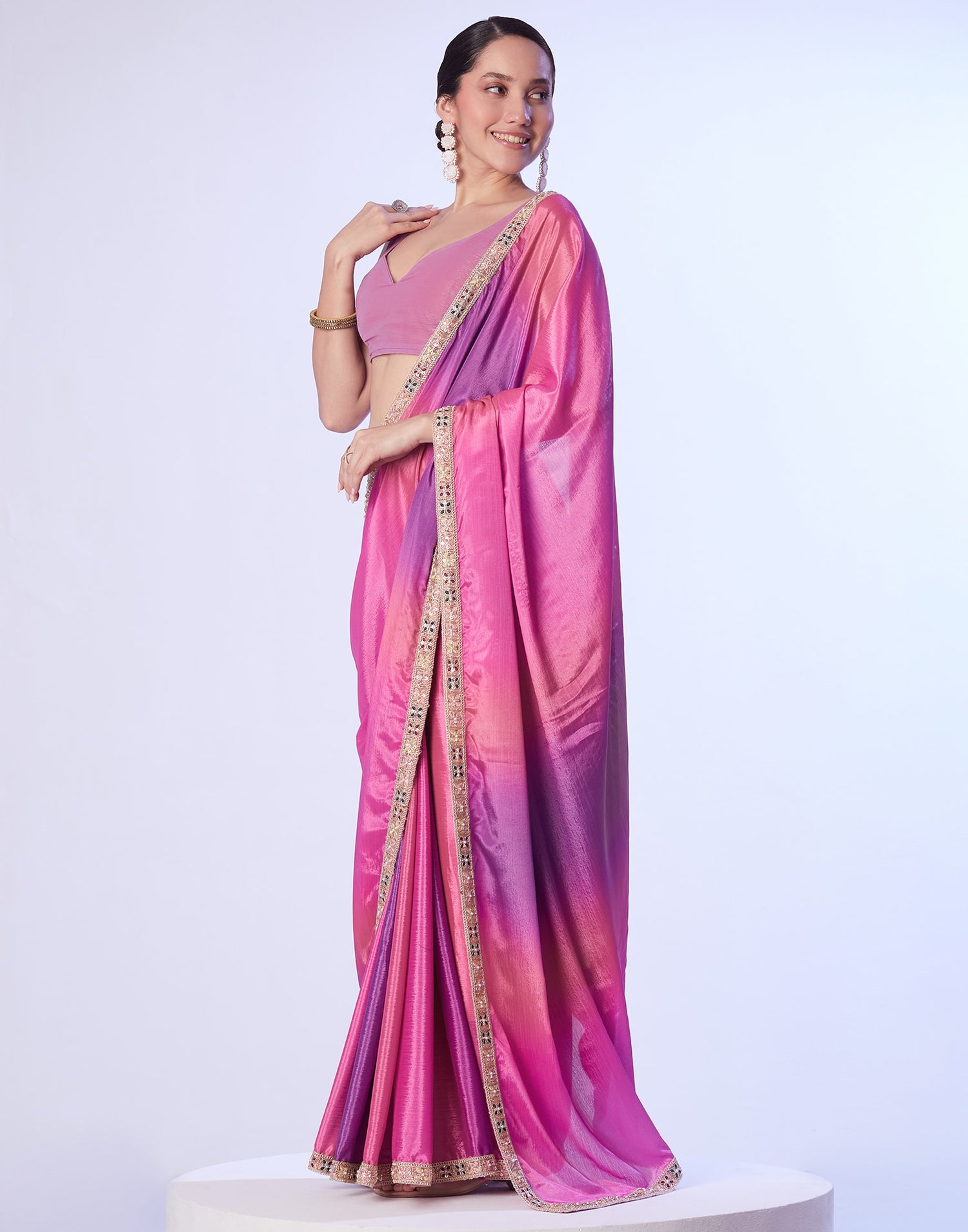 Pink Chinnon Lace Solid Saree