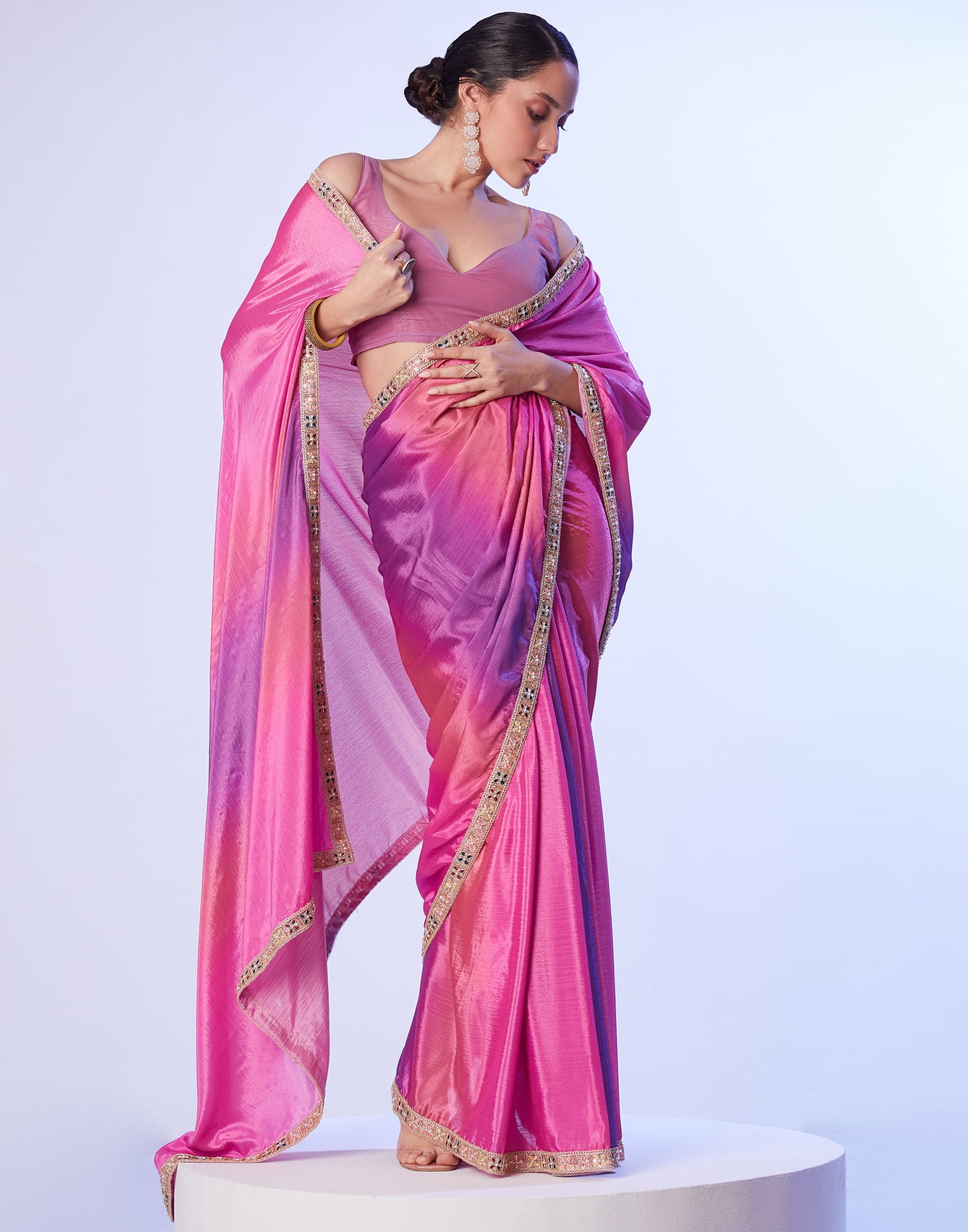 Pink Chinnon Lace Solid Saree