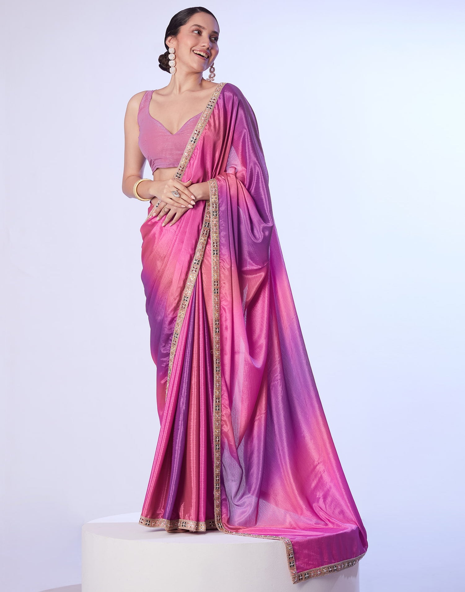 Pink Chinnon Lace Solid Saree