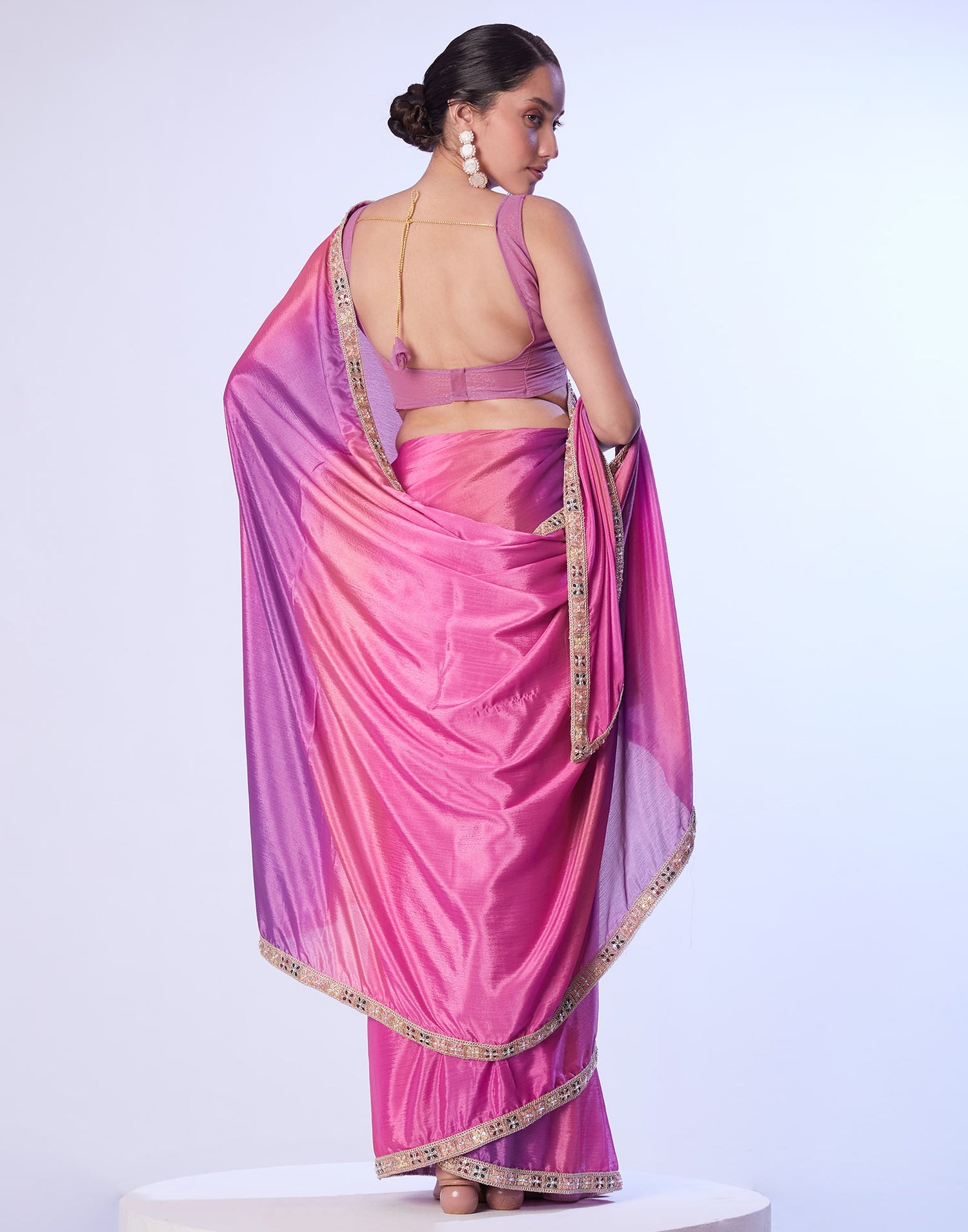 Pink Chinnon Lace Solid Saree