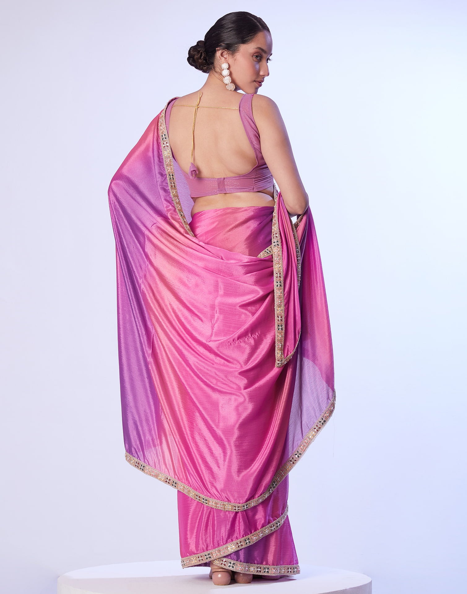 Pink Chinnon Lace Solid Saree