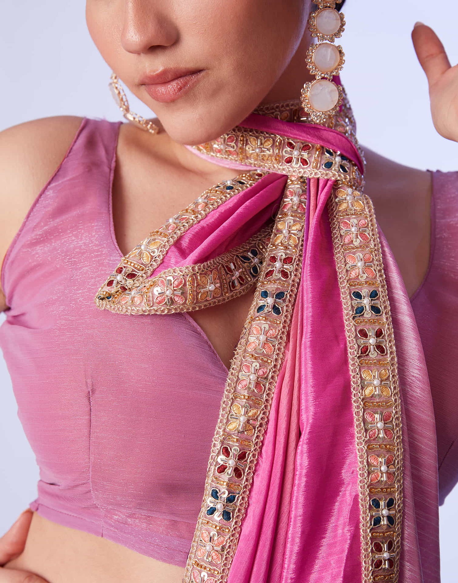 Pink Chinnon Lace Solid Saree