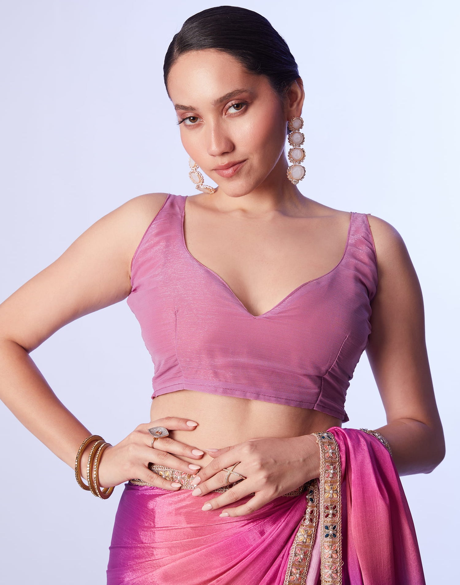 Pink Chinnon Lace Solid Saree