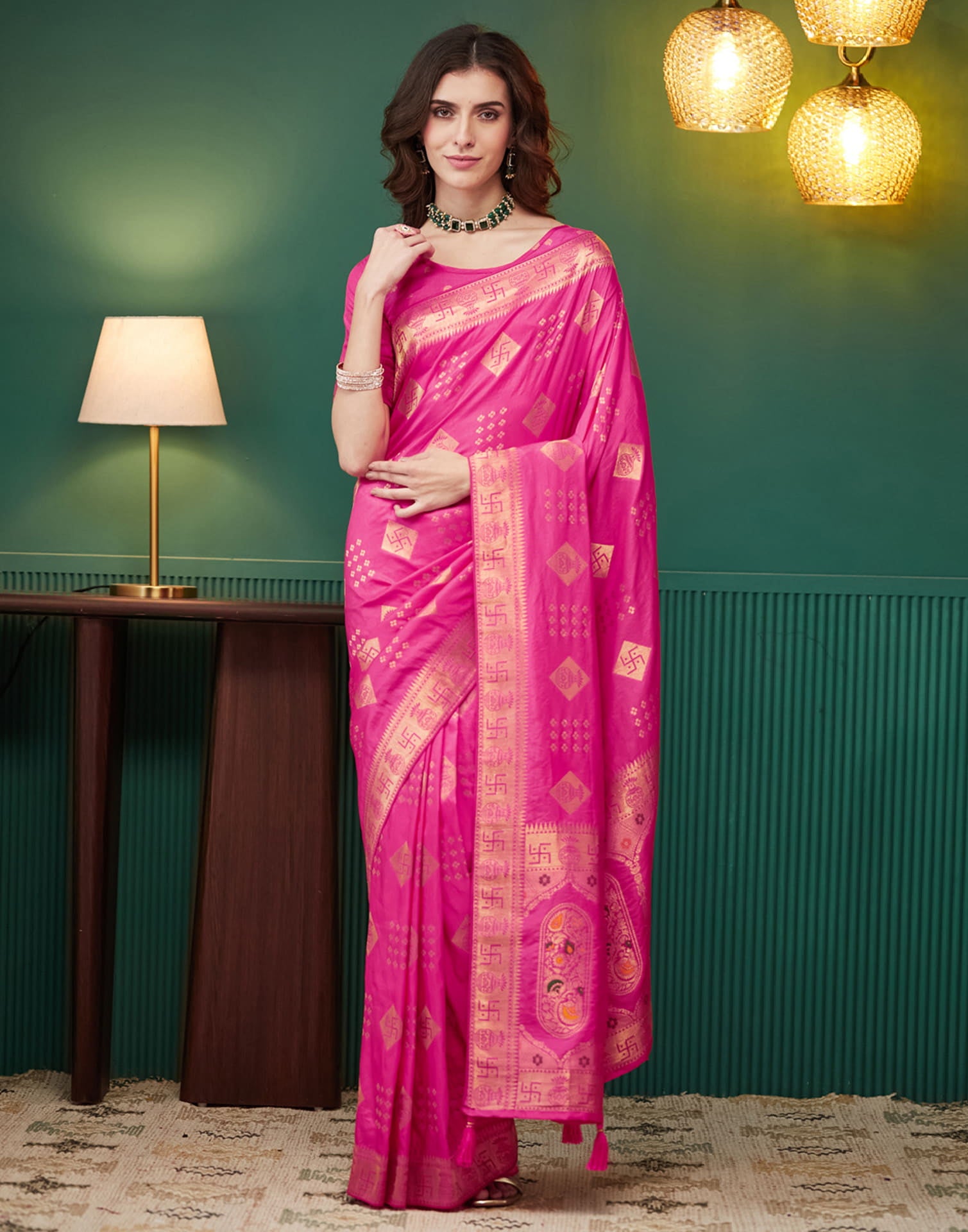 Bright Pink Silk Woven Banarasi Saree