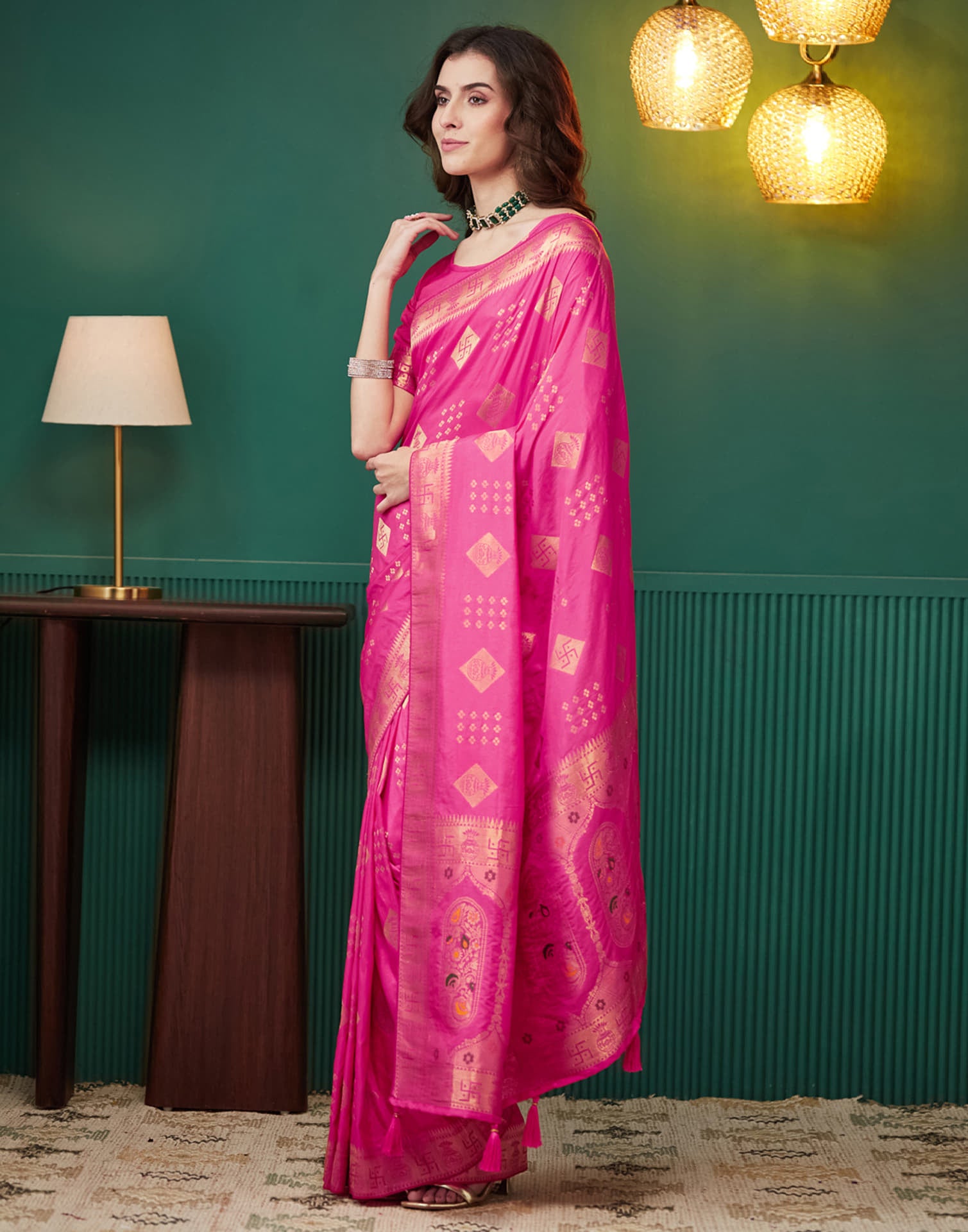 Bright Pink Silk Woven Banarasi Saree