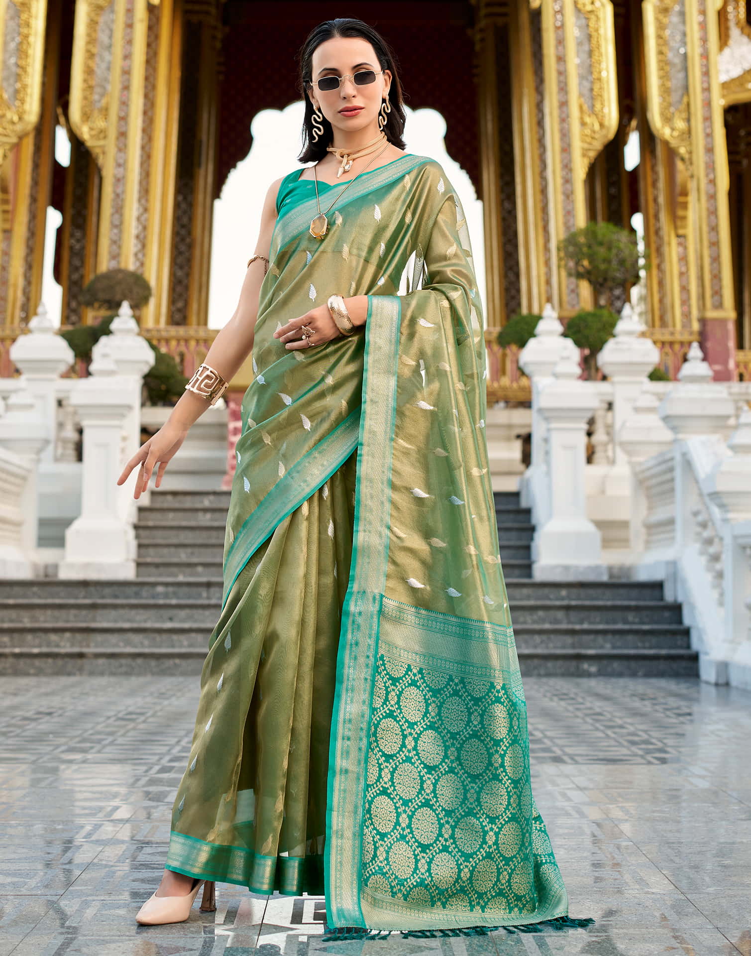 Light Olive Green Tissue Silk Woven Saree