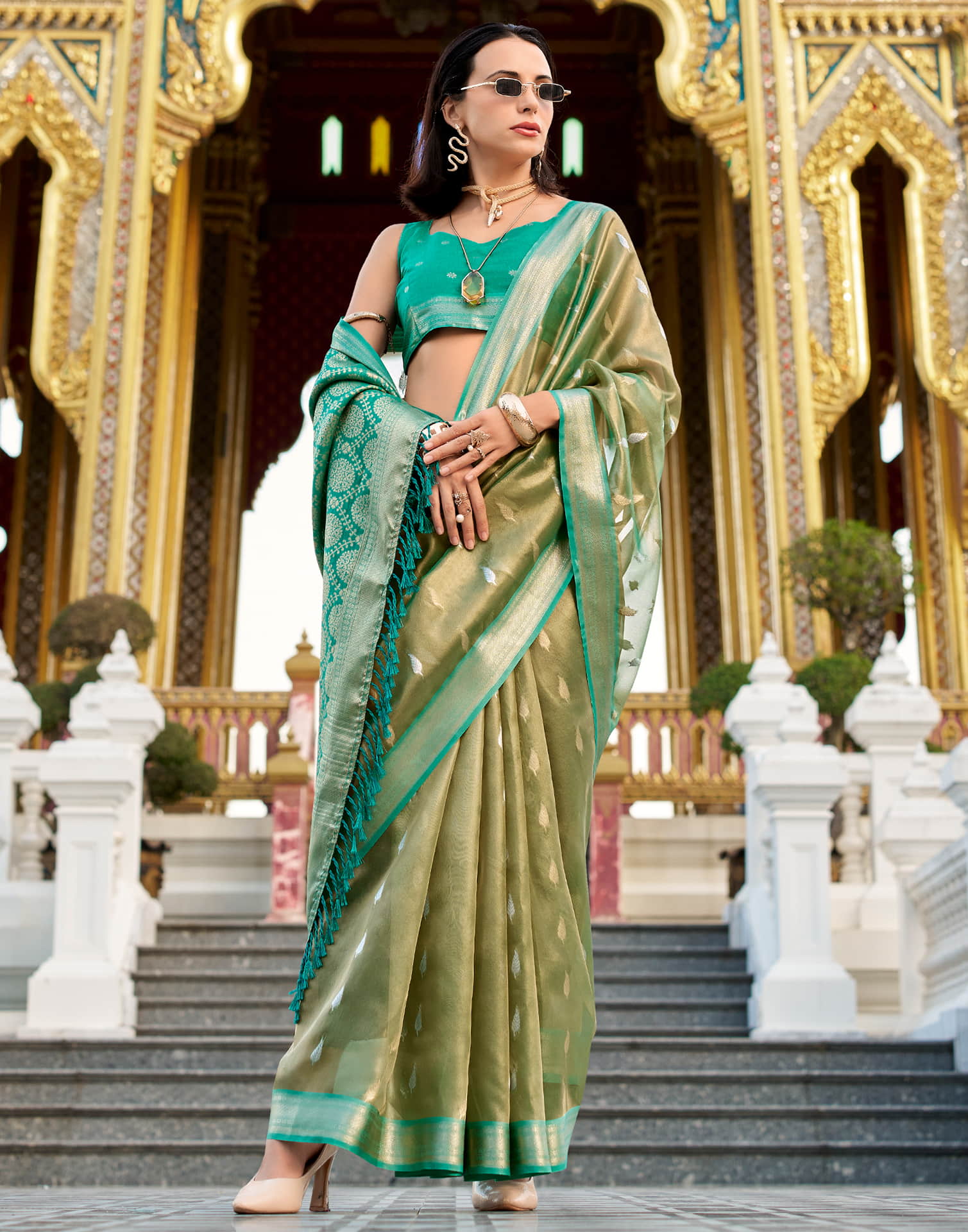 Light Olive Green Tissue Silk Woven Saree