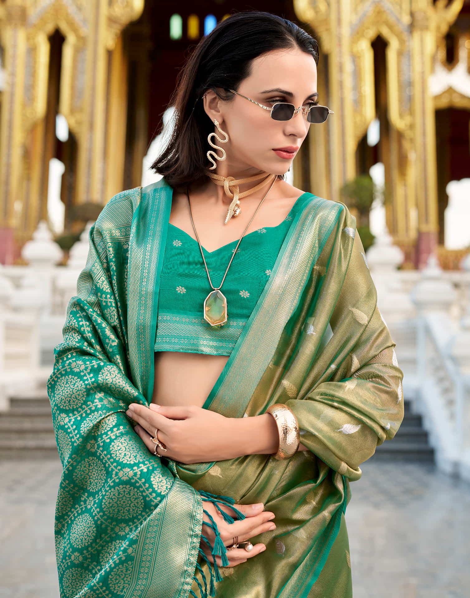 Light Olive Green Tissue Silk Woven Saree