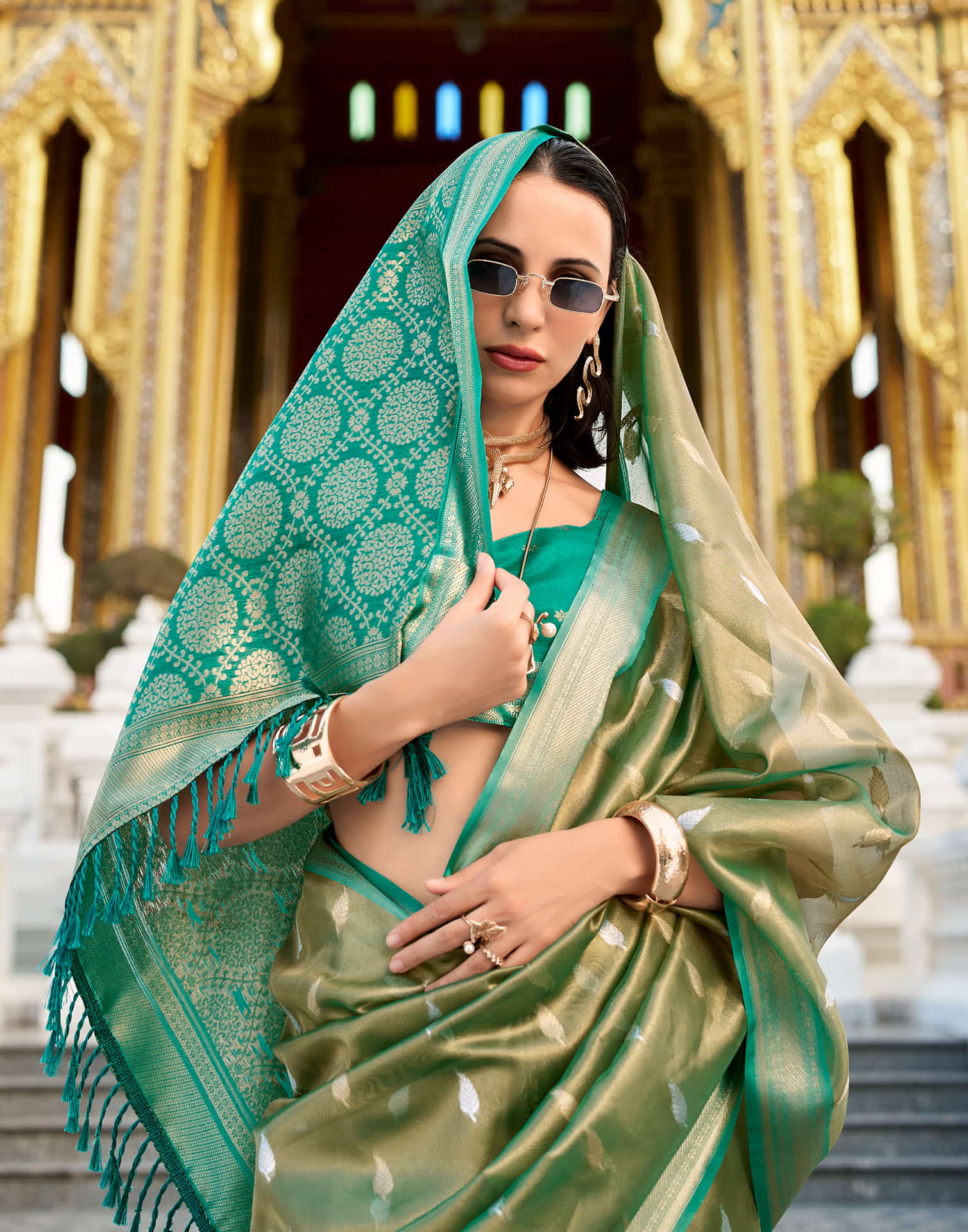 Light Olive Green Tissue Silk Woven Saree