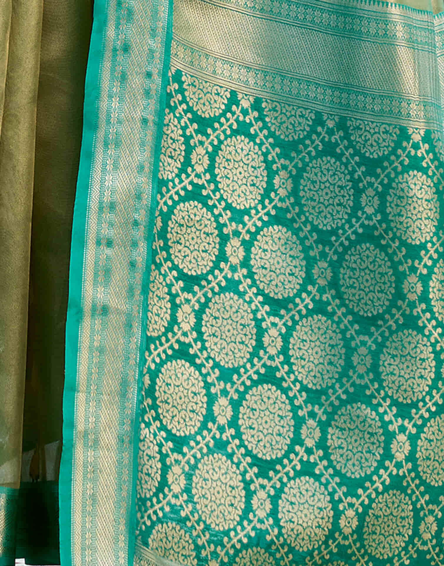 Light Olive Green Tissue Silk Woven Saree