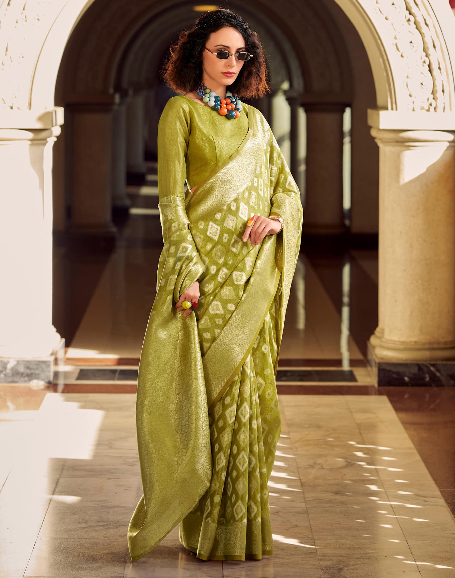 Light Olive Green Tissue Silk Woven Saree